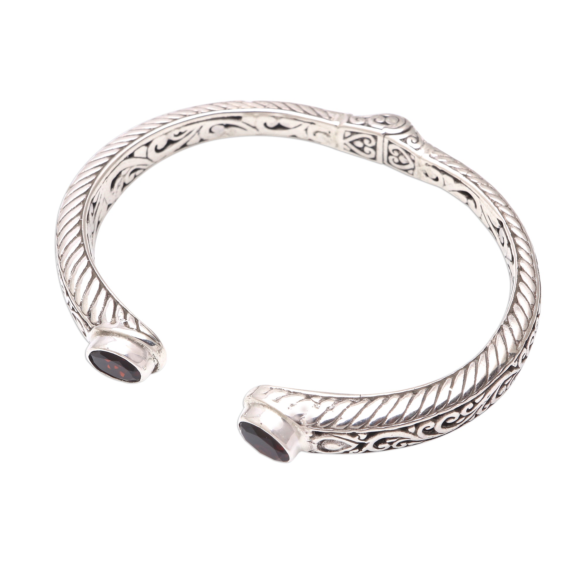 Premium Garnet Sterling Silver Scroll & Rope Cuff Bracelet – Handcrafted Elegance