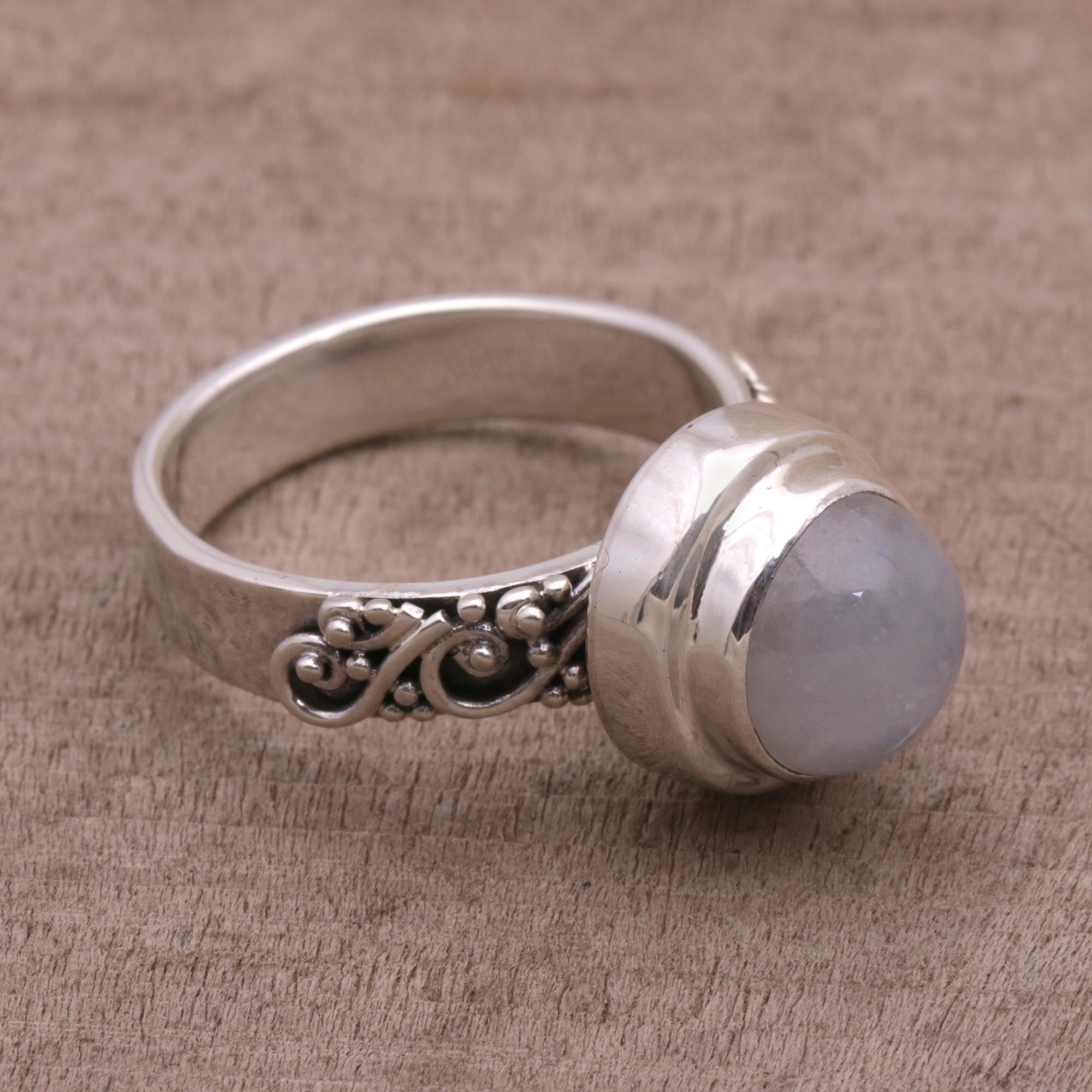 Premium Translucent Forest Rainbow Moonstone & Sterling Silver Ring – Handcrafted in Bali