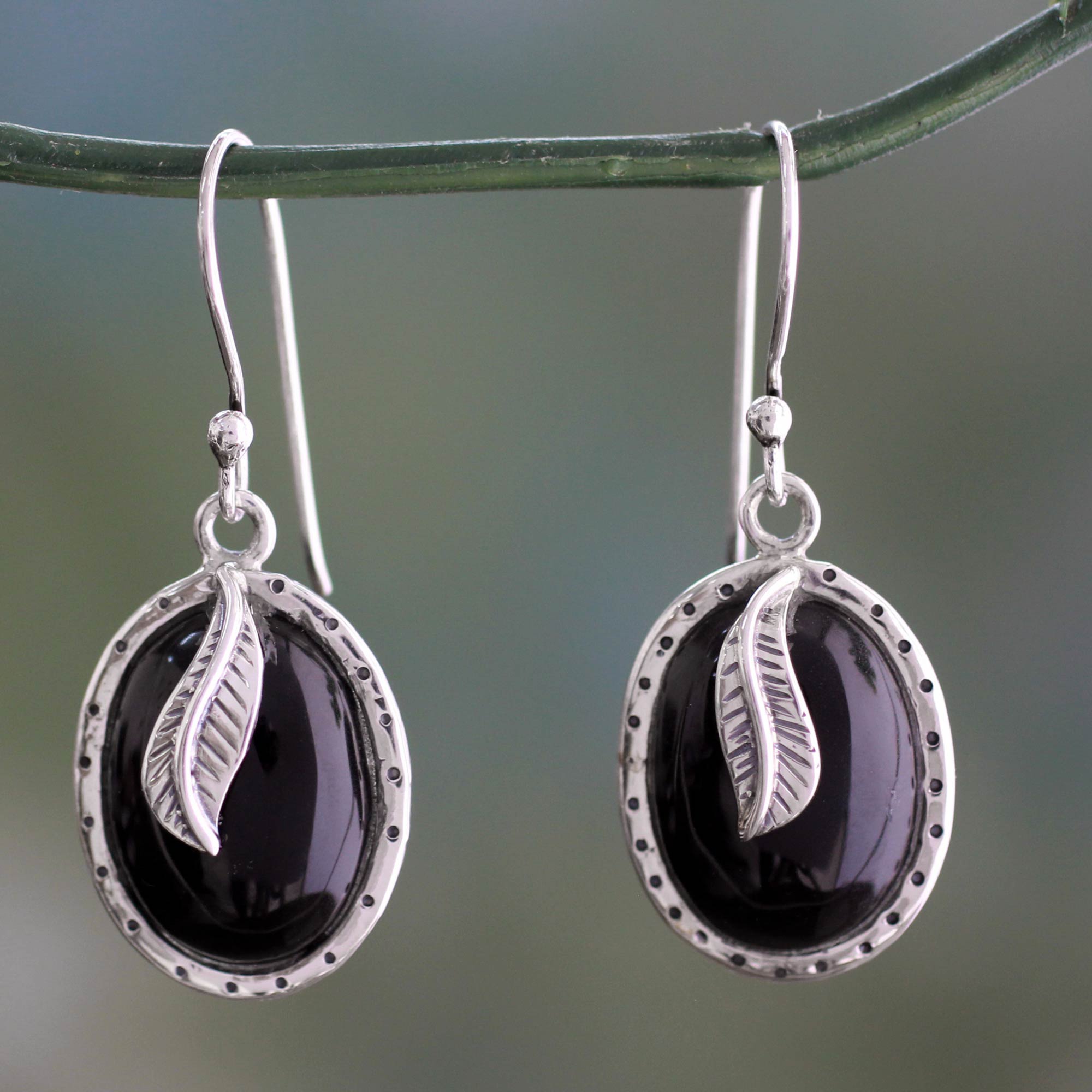 Premium Fair Trade Onyx & Sterling Silver Dangle Earrings by Tender Leaves India