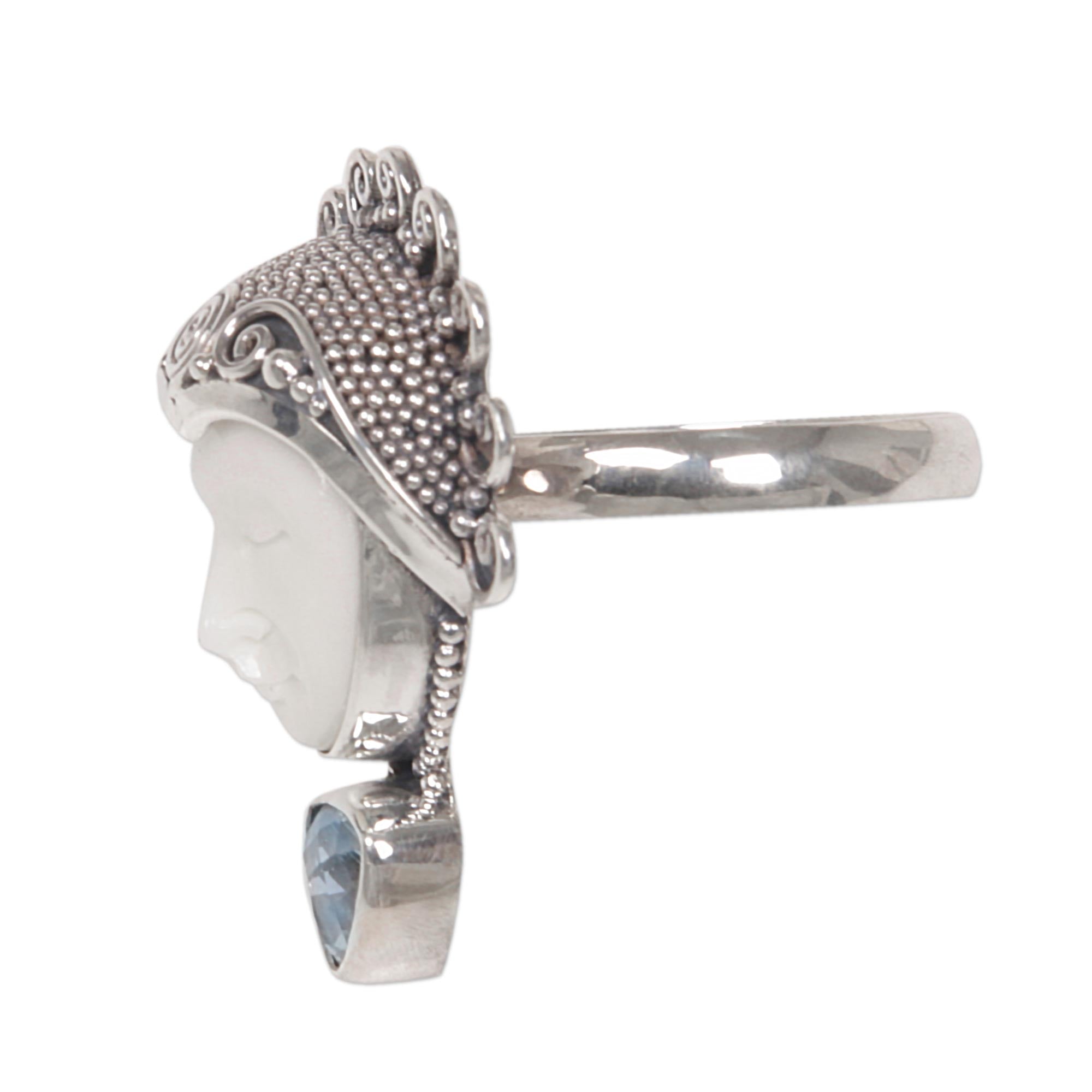 Premium Saraswati Blue Topaz & Sterling Silver Bone Cocktail Ring - Handcrafted in Bali