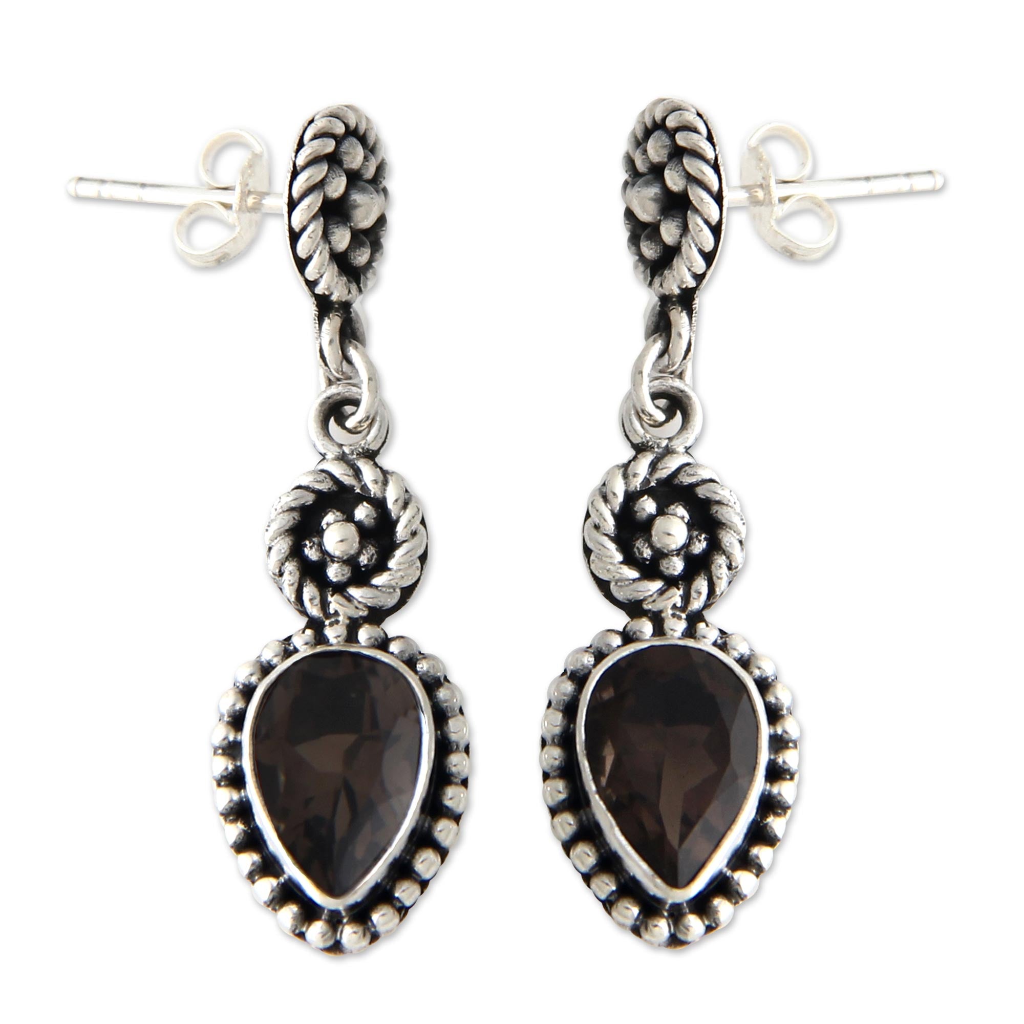 Premium Balinese Jackfruit Sterling Silver Earrings with Smoky Quartz