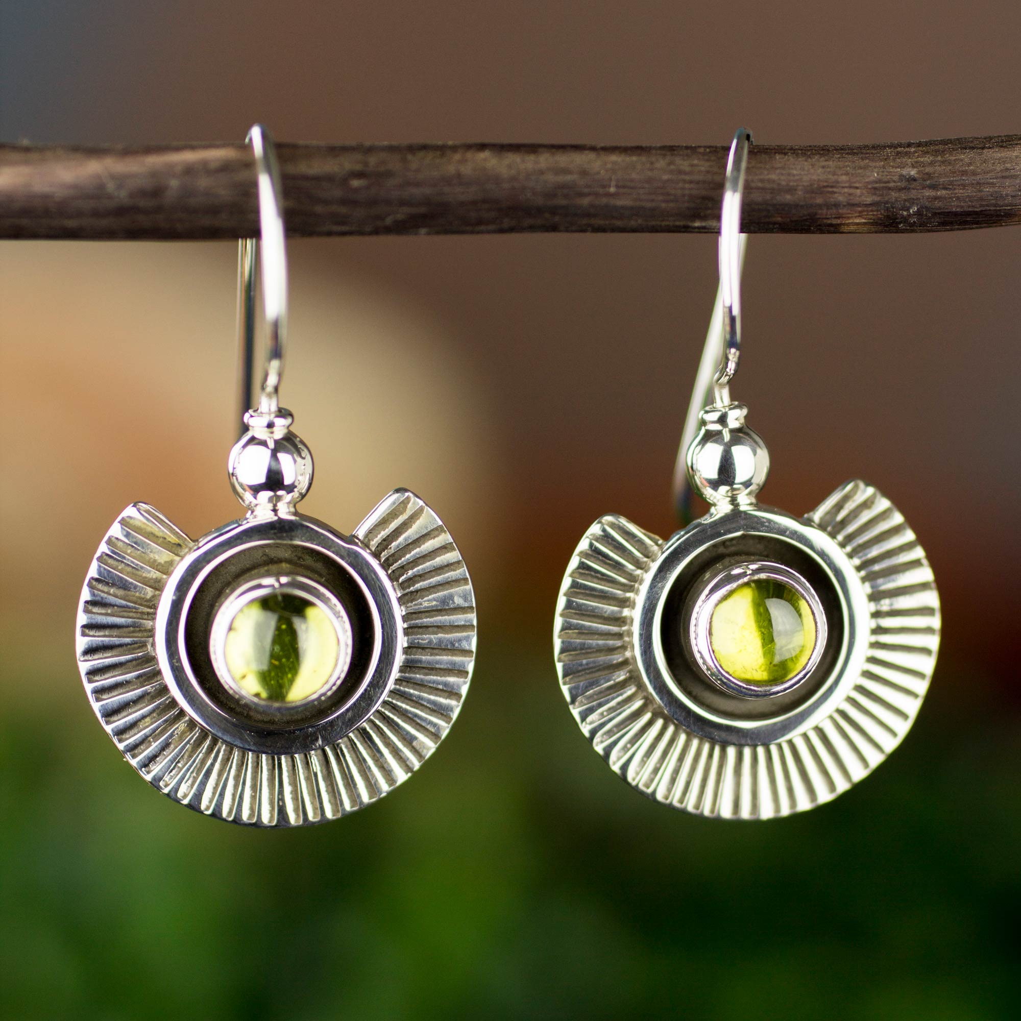 Premium Teotihuacan Suns Earrings - Handcrafted Sterling Silver with Peridot