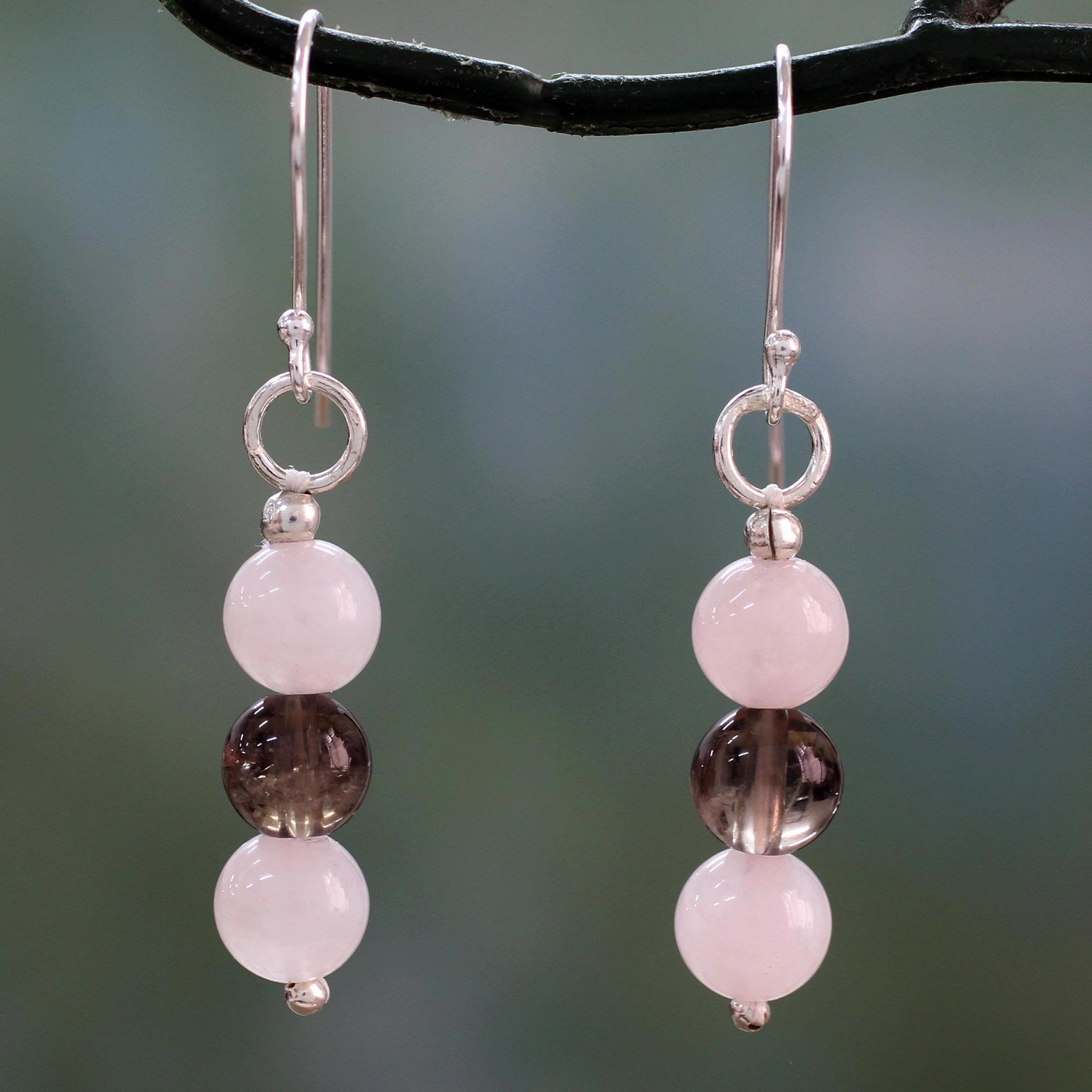 Premium Handcrafted Rose Quartz & Smoky Quartz Earrings with Sterling Silver Hooks