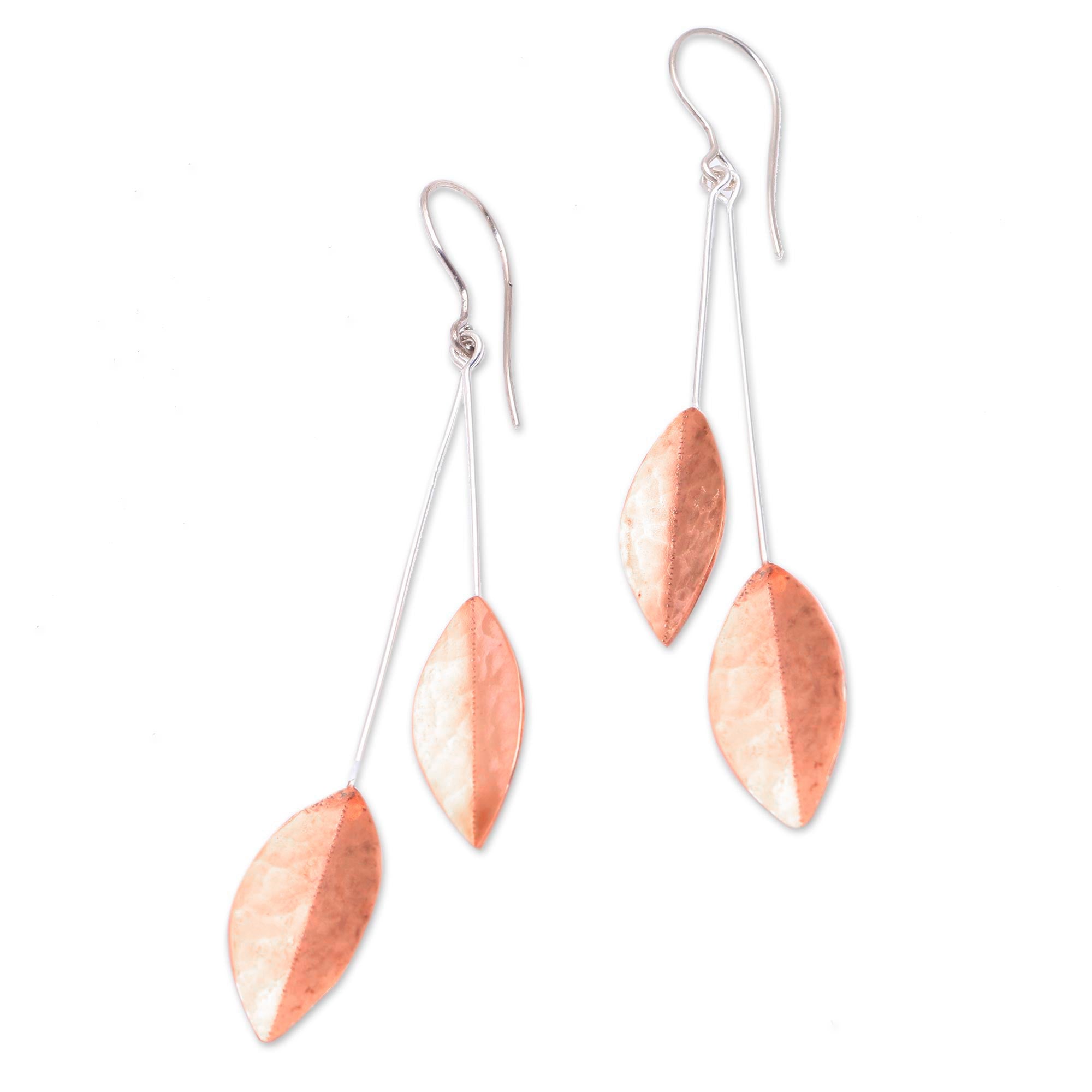 Premium Rose Gold Accent Sterling Silver Leaf Dangle Earrings