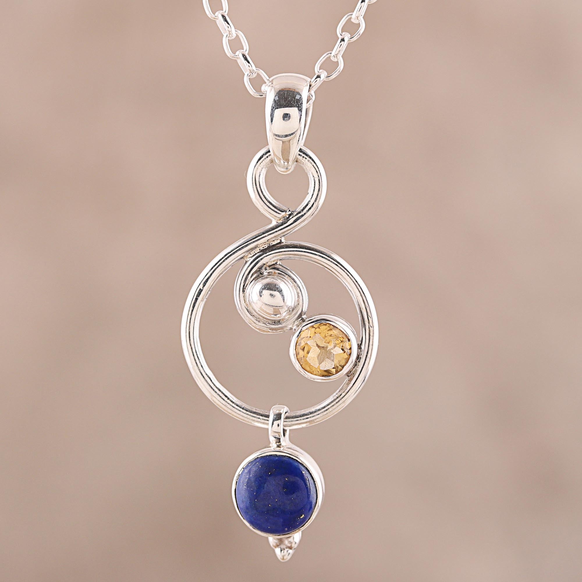 Premium Swirling Royal Lapis Lazuli and Citrine Necklace - Handcrafted in India