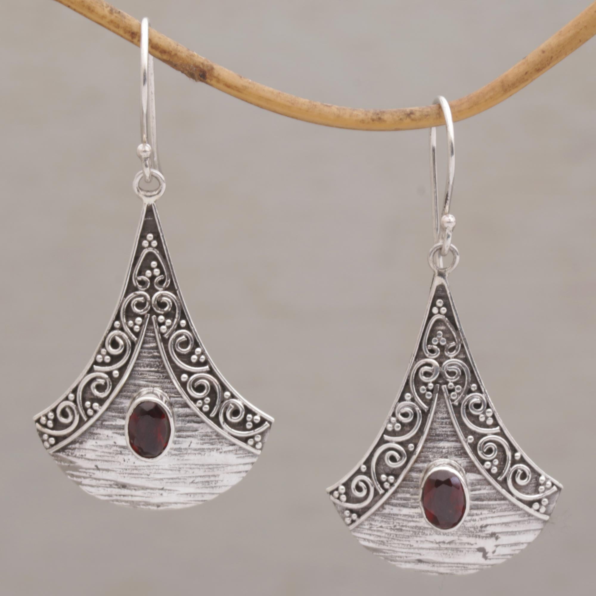 Premium Bali Sterling Silver Garnet Dangle Earrings - Artisan Crafted