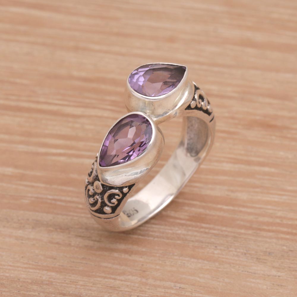 Premium Temple Tears Teardrop Amethyst & Silver Cocktail Ring – Handcrafted in Bali