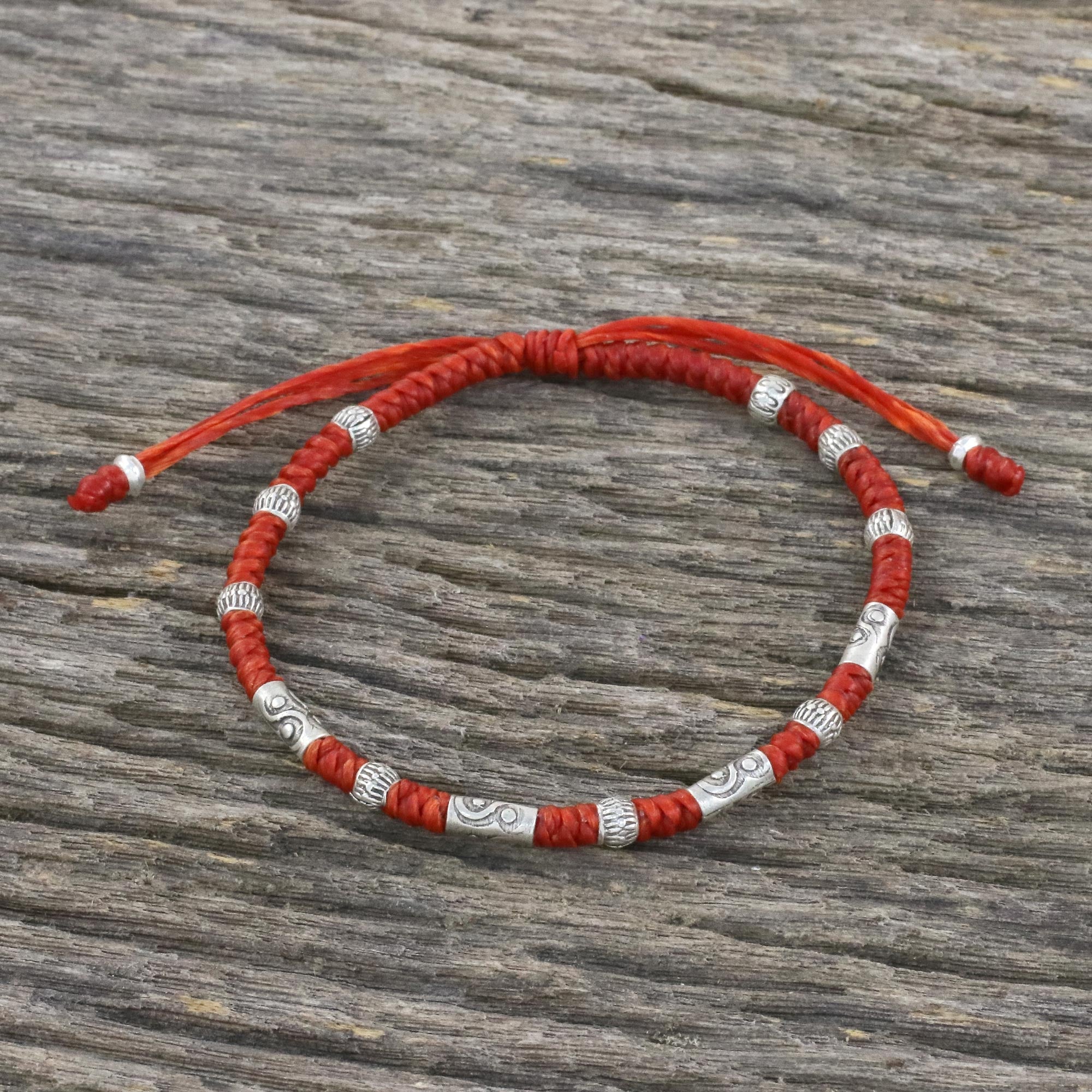 Premium Balance Red Unisex Beaded Bracelet - 950 Karen Silver & Waxed Cord