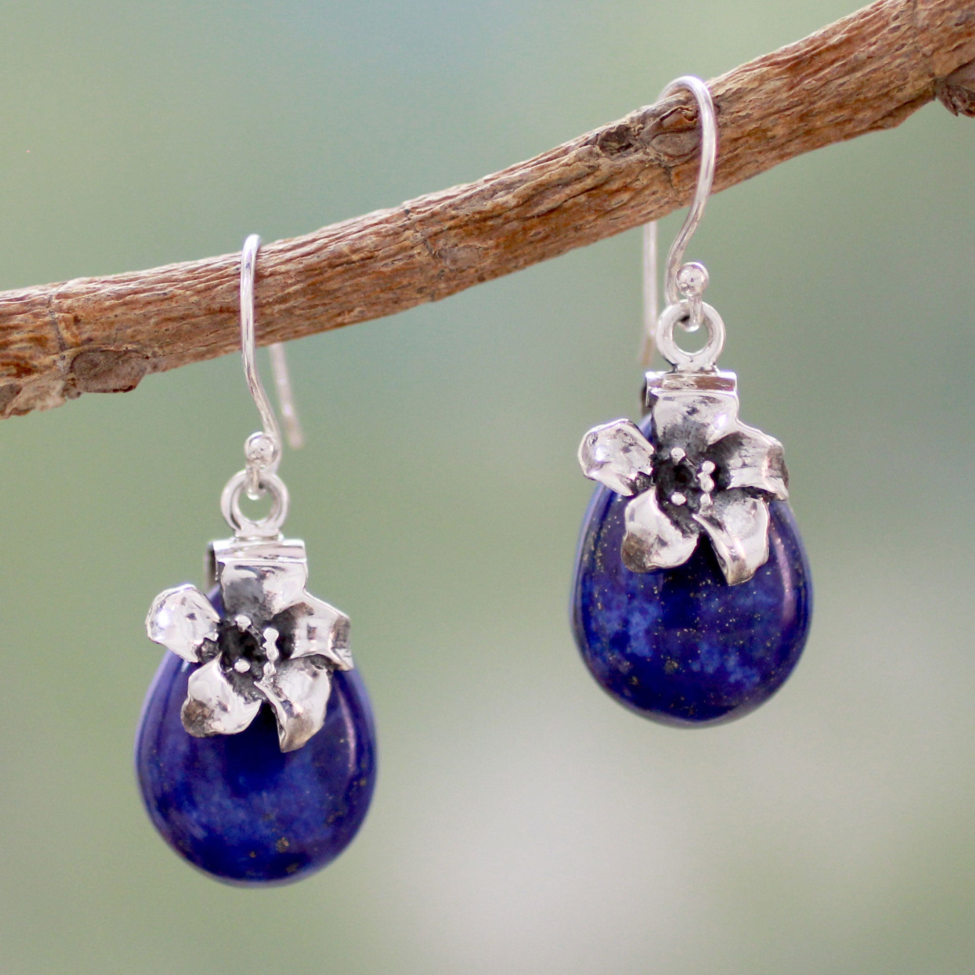 Premium Lily Lapis Lazuli & Silver Floral Earrings - Handmade Elegance