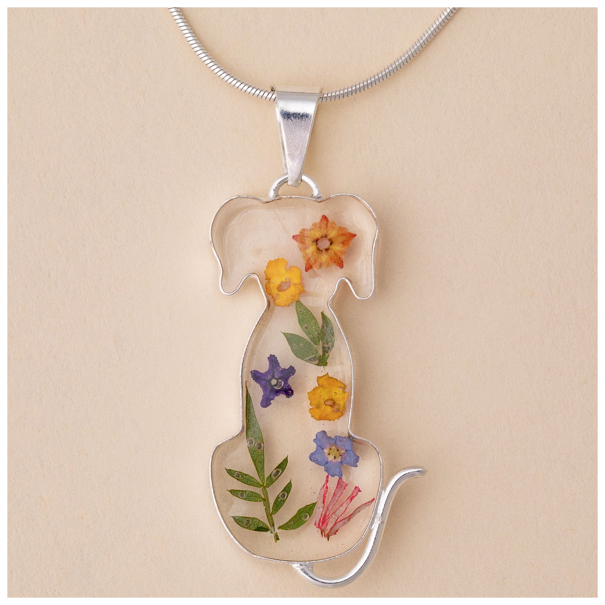 Premium Sterling Silver Dog Necklace with Real Flowers