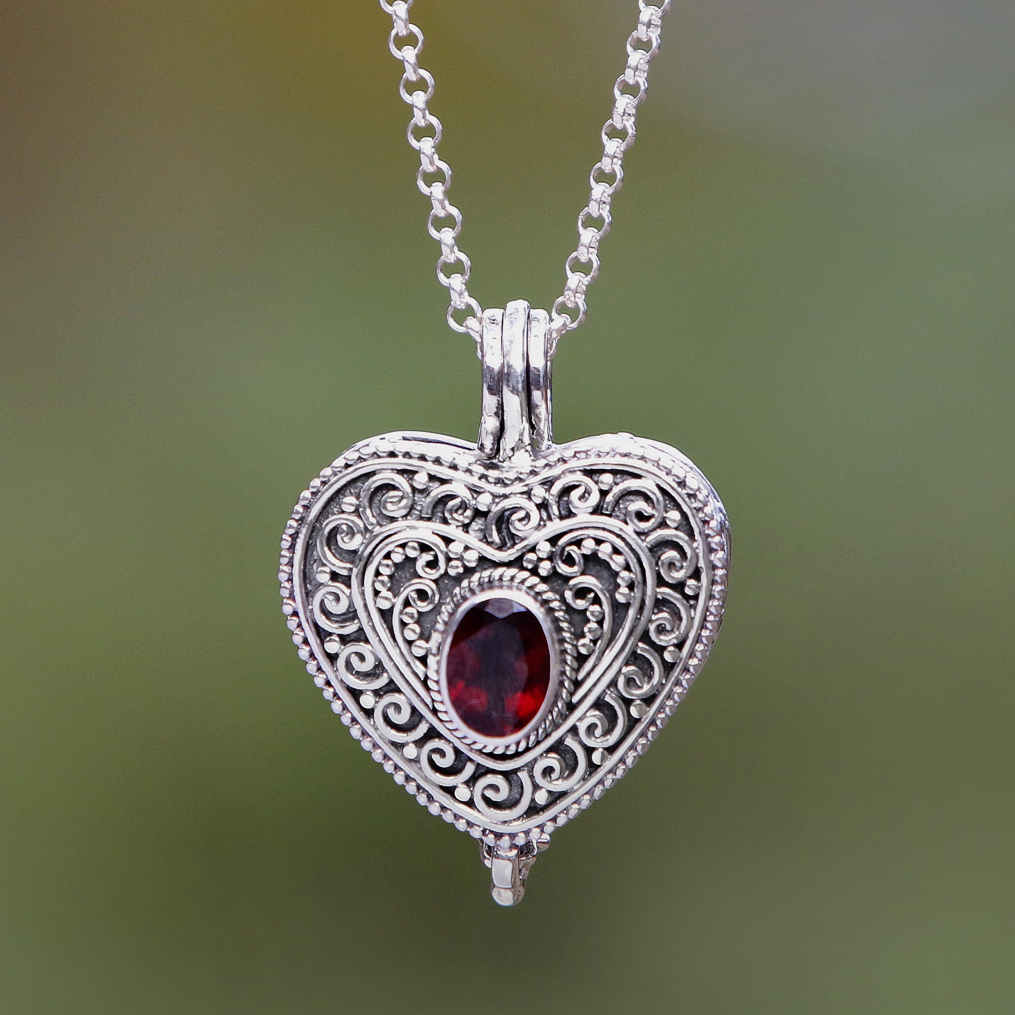 Premium Always In My Heart Garnet Silver Filigree Locket Necklace