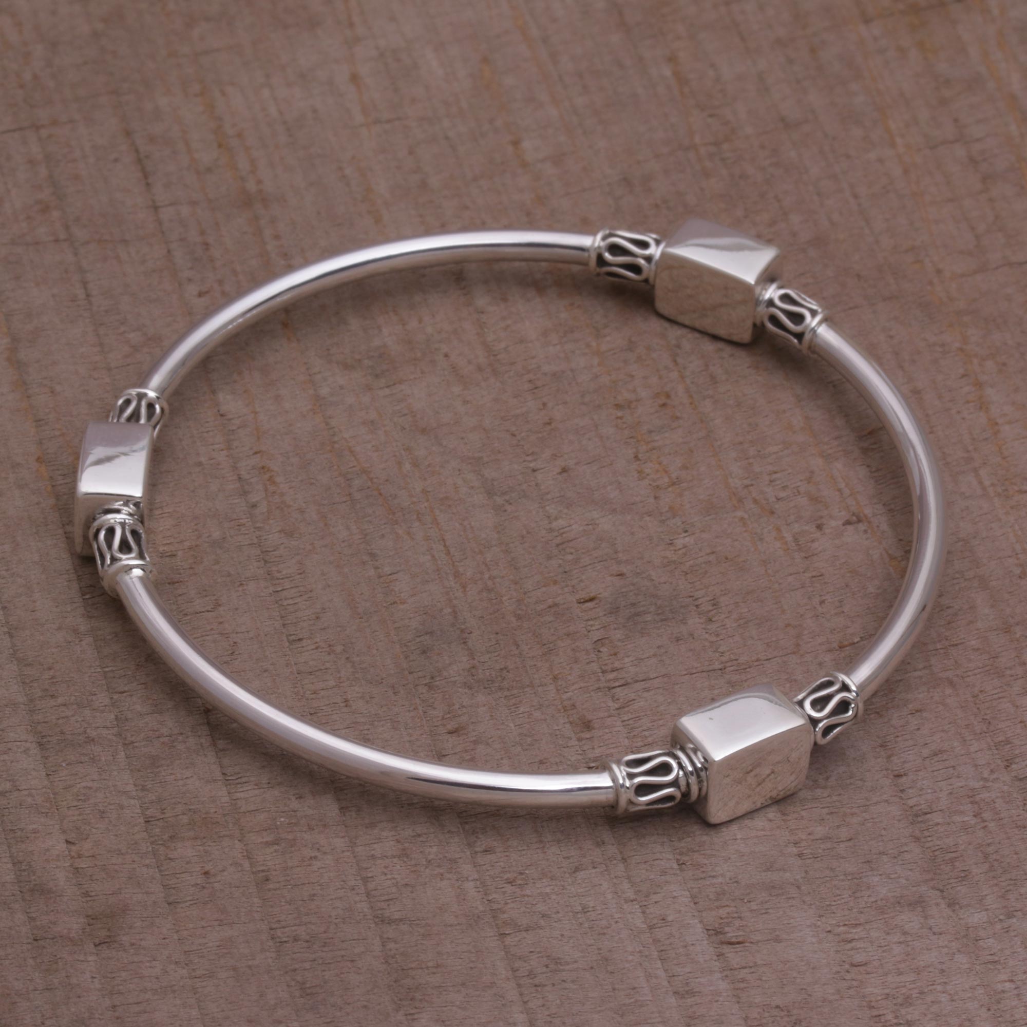 Premium Square Reflection Silver Bangle Bracelet - Handmade in Bali