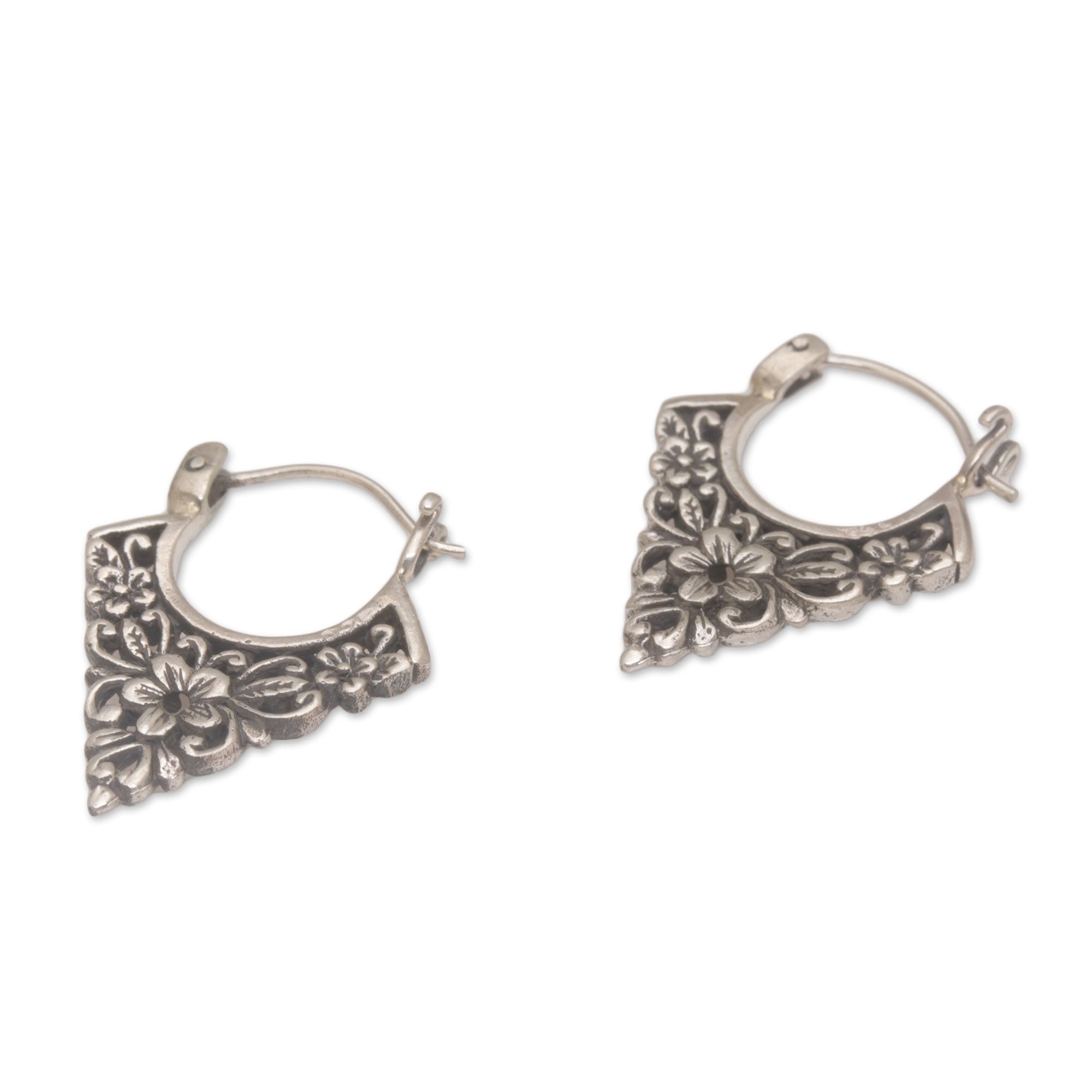 Premium Floral Sterling Silver Hoop Earrings - Handcrafted in Bali