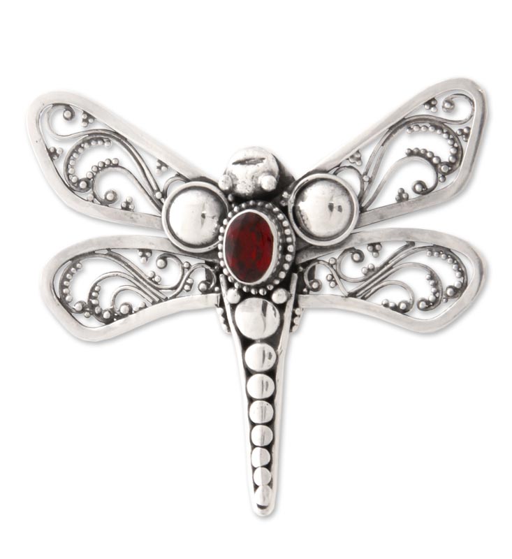 Premium Scarlet Dragonfly Brooch - Sterling Silver & Garnet Jewelry