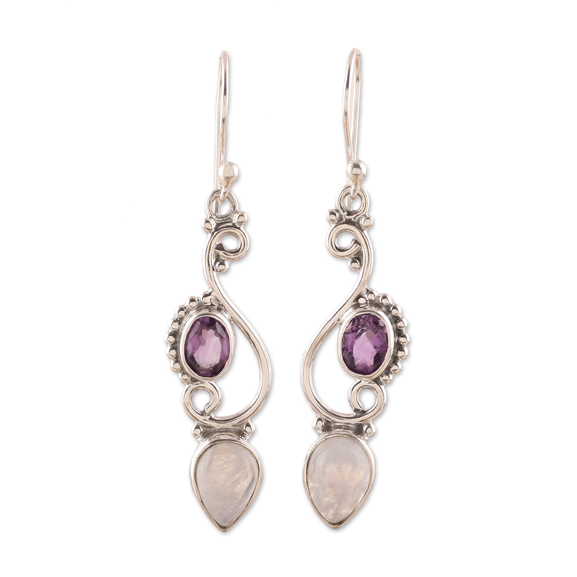 Premium Mystical Swirl Earrings: Rainbow Moonstone & Amethyst