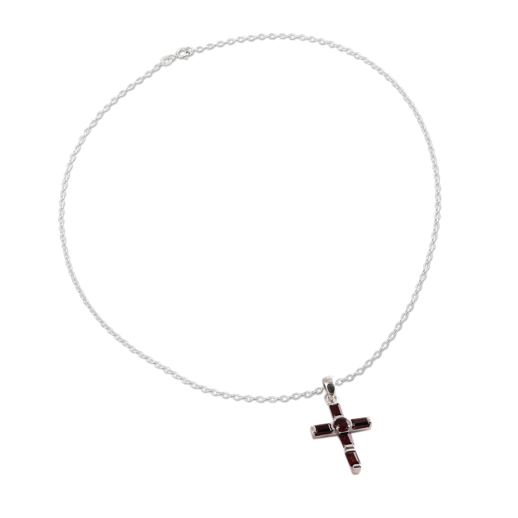 Premium Deep Crimson Cross Garnet & Silver Necklace - Handcrafted Elegance