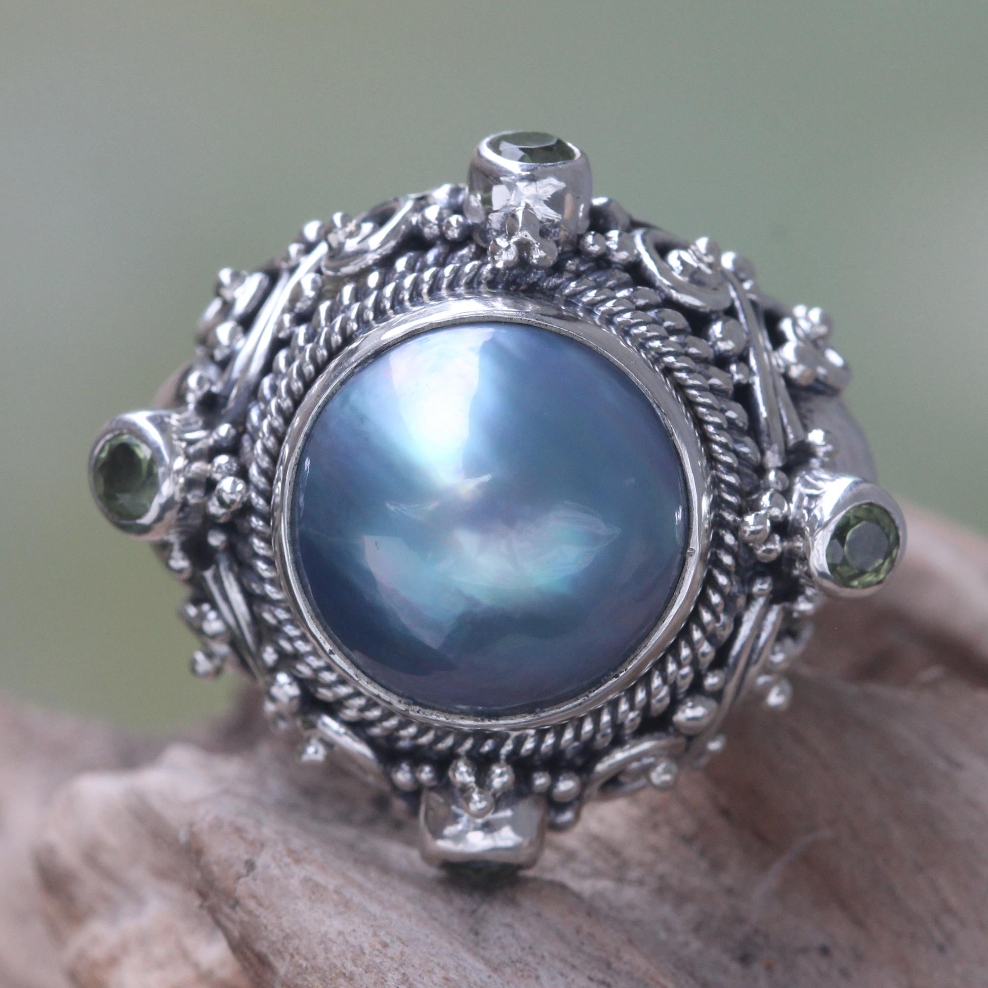 Premium Regal Blue Glory Cocktail Ring with Mabe Pearl & Peridot