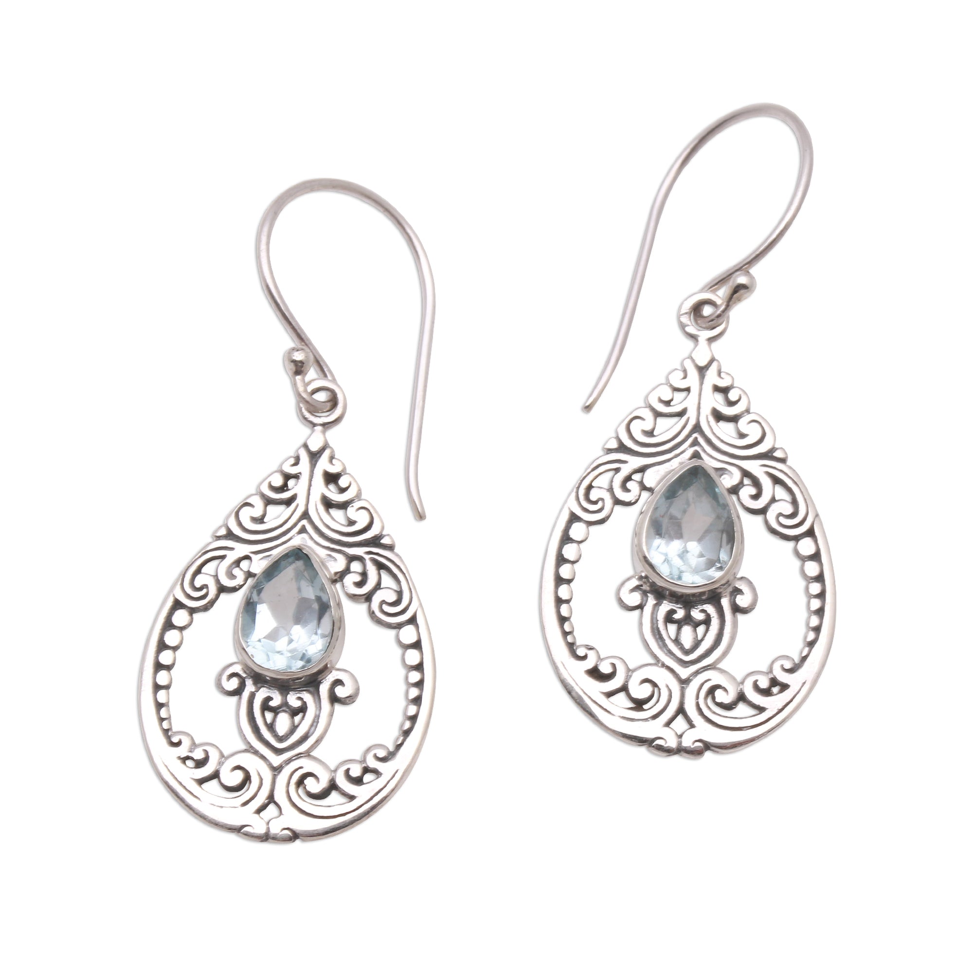 Premium Glittering Pear Blue Topaz Dangle Earrings – Handcrafted in Bali