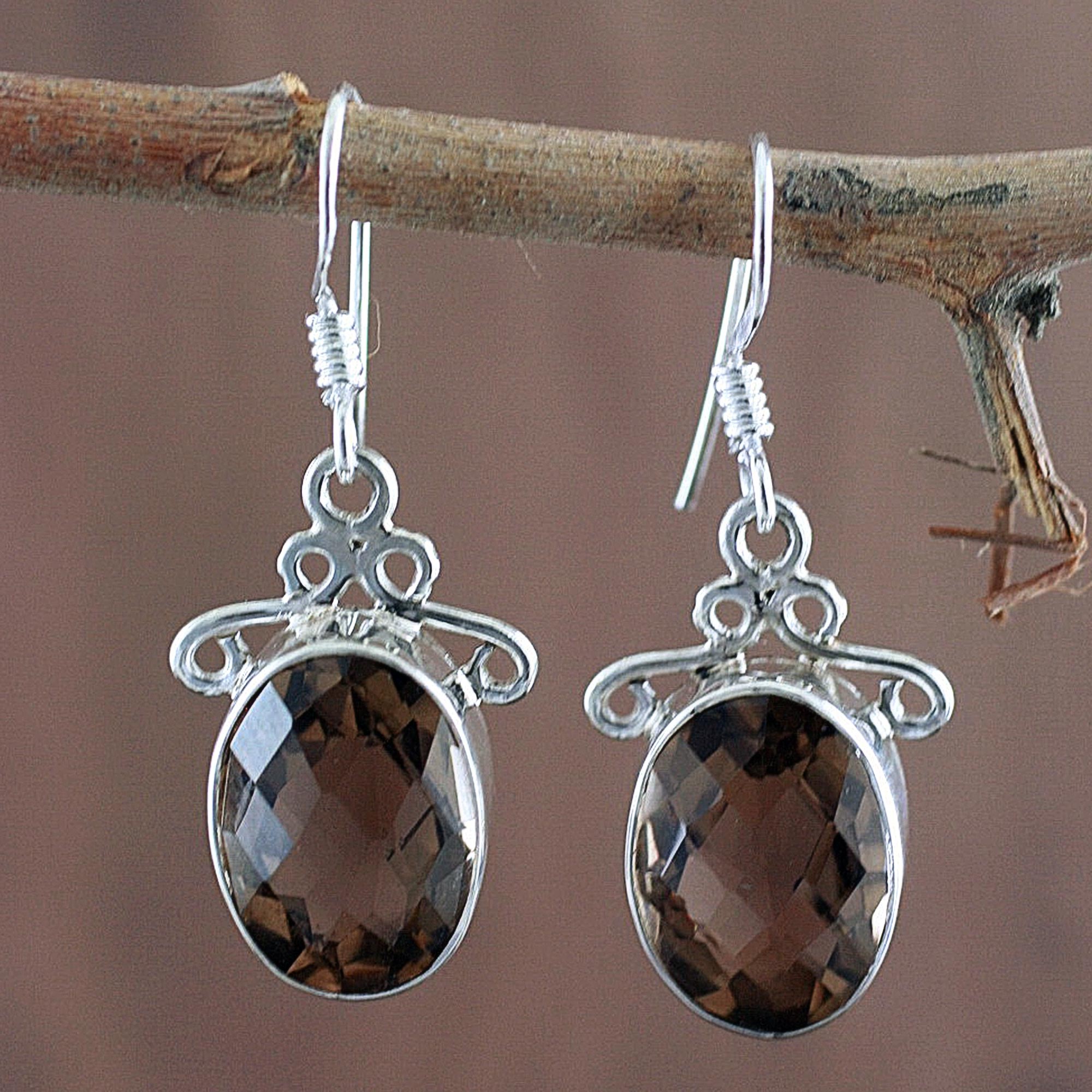 Premium Twilight Elegance: Women's Sterling Silver & Smoky Quartz Earrings