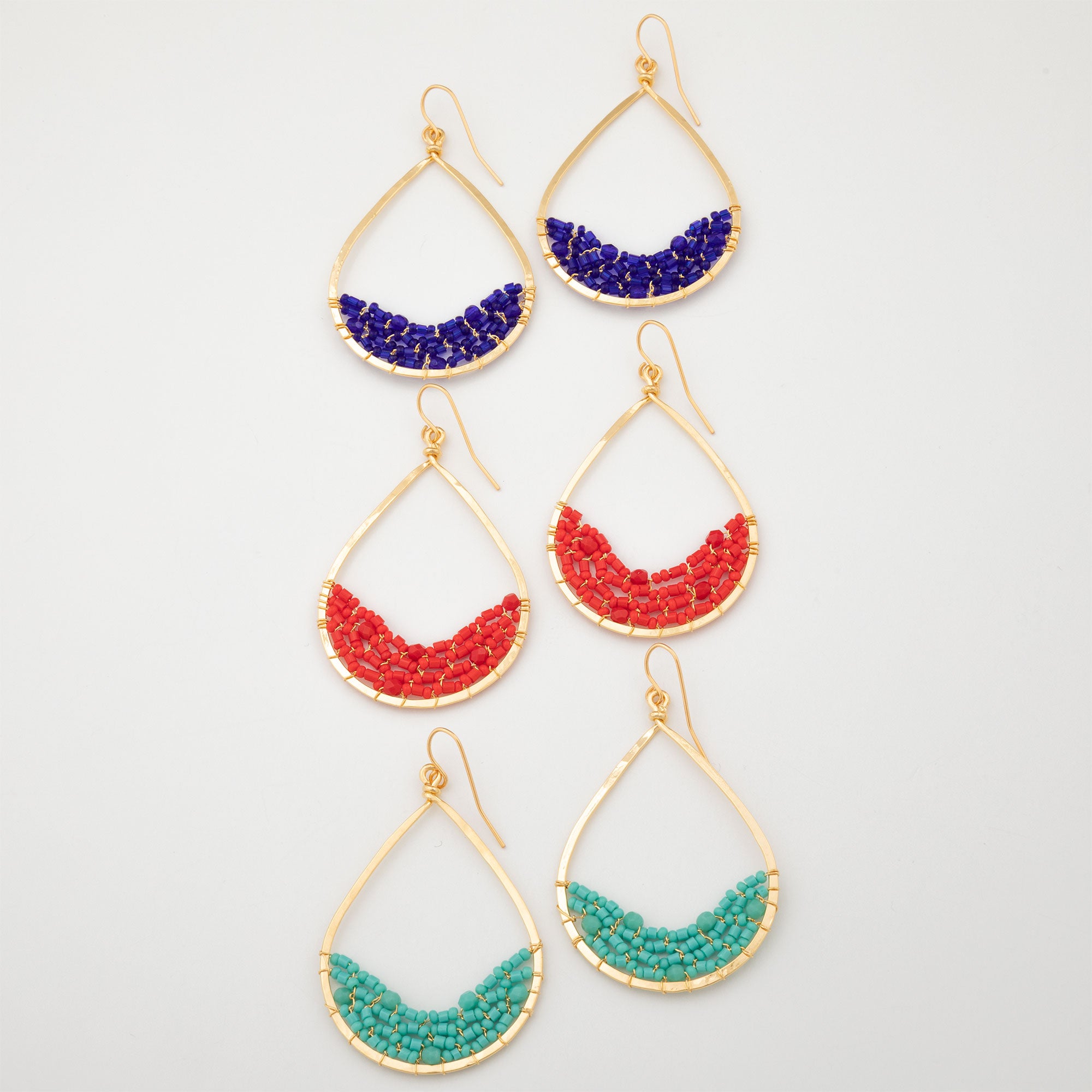 Premium Golden Hammered Teardrop Earrings with Colorful Beads