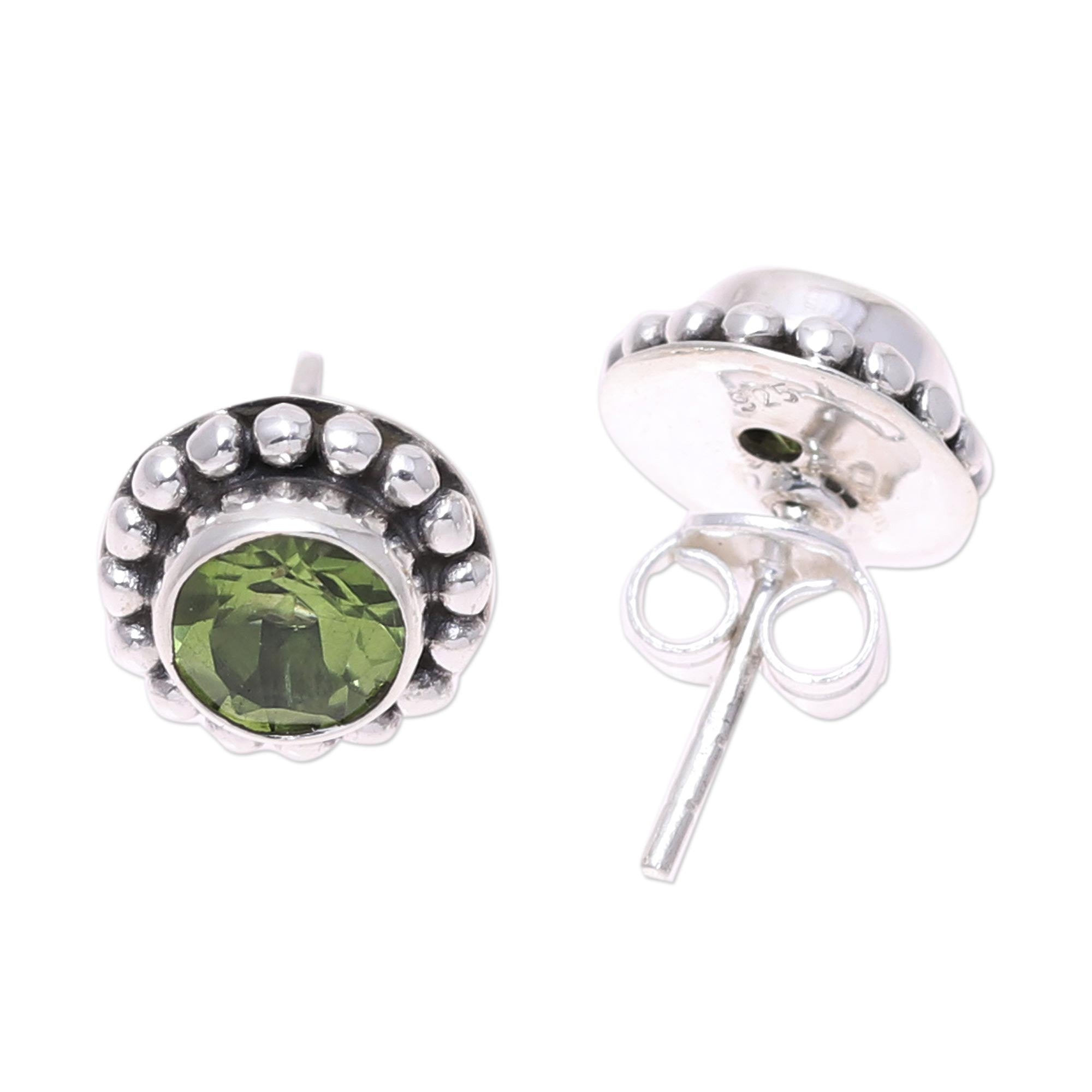 Premium Round Peridot Sterling Silver Dot Stud Earrings – Handcrafted Elegance