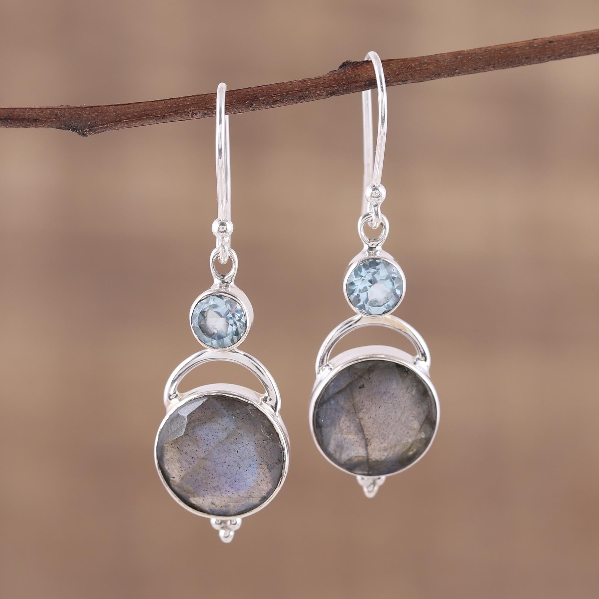 Premium Evening Sky Labradorite & Blue Topaz Dangle Earrings - Handcrafted in India