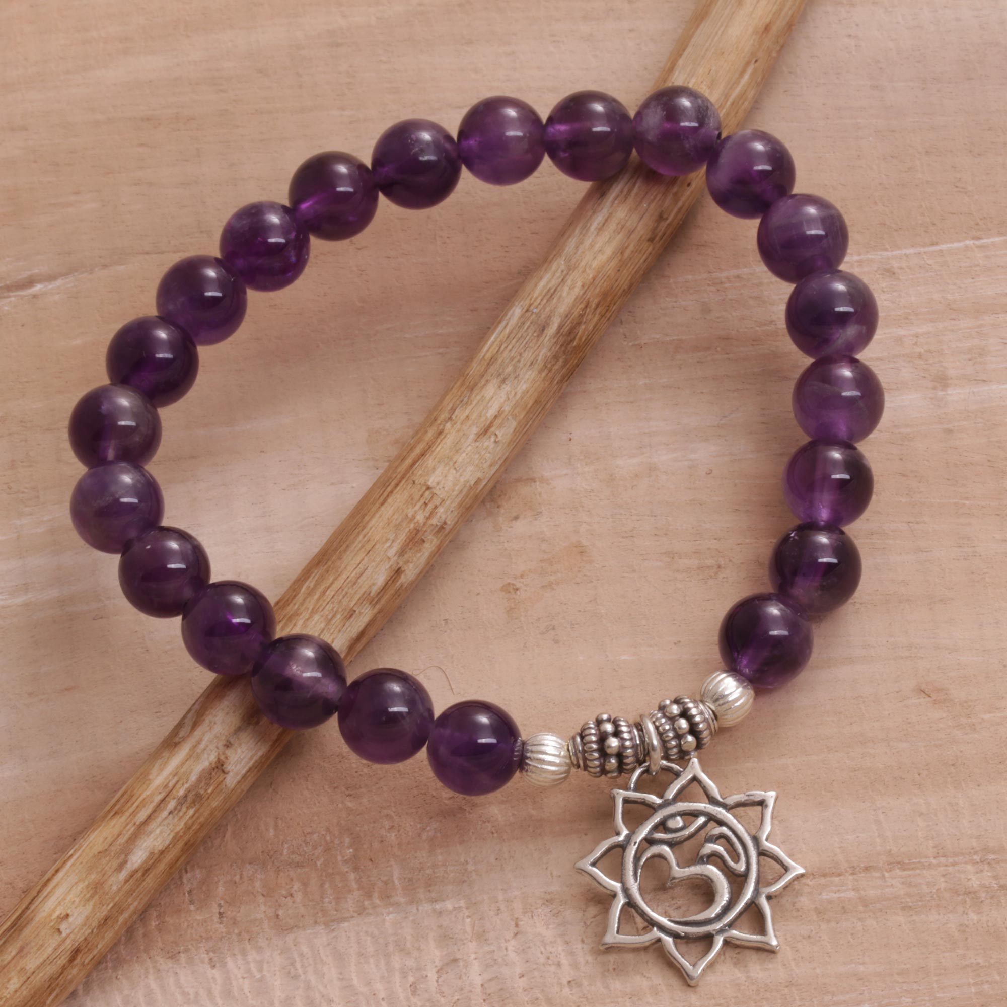 Premium Om Amethyst Floral Bracelet - Handcrafted in Bali