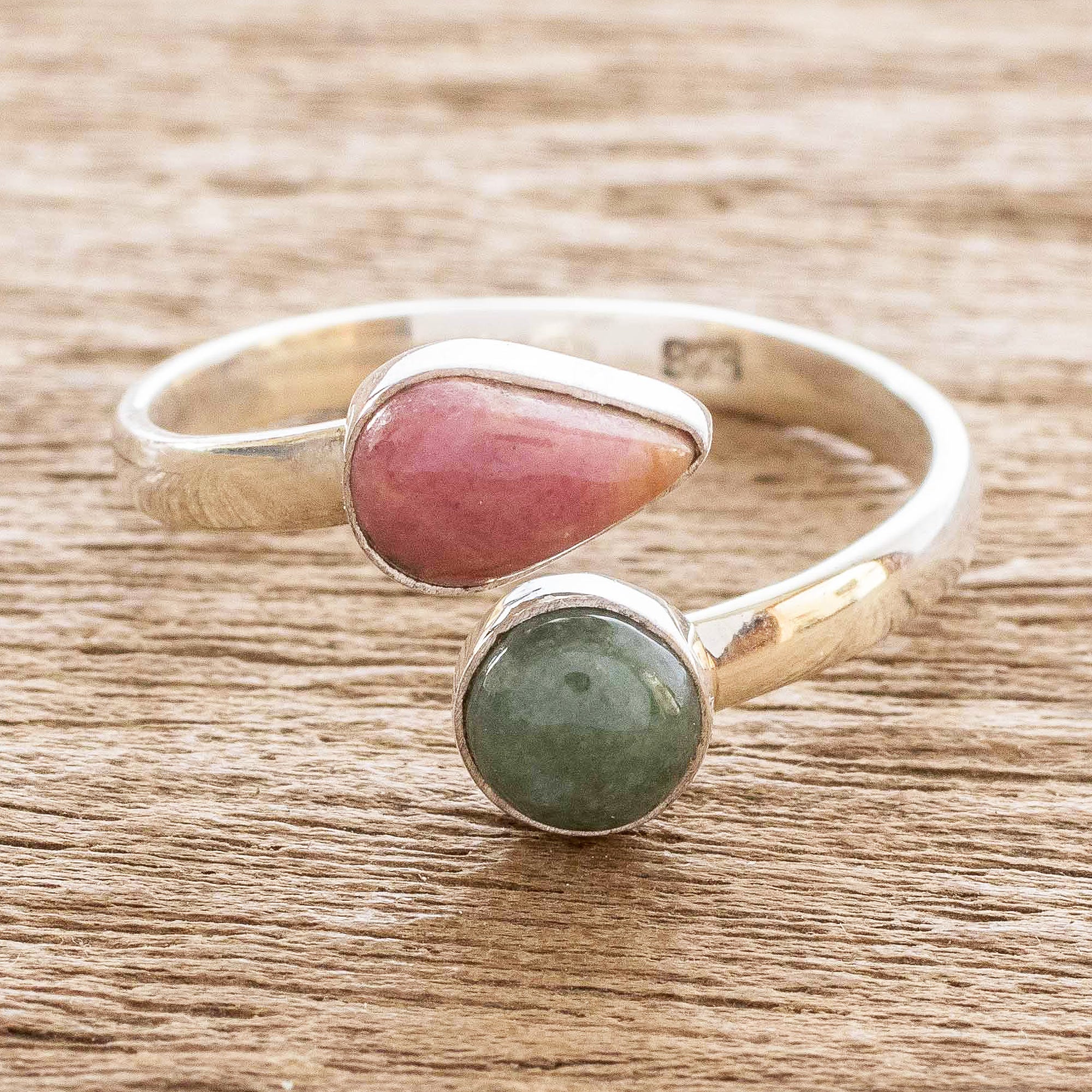 Premium Rhodonite & Jade Wrap Ring – Handcrafted Sterling Silver Jewelry