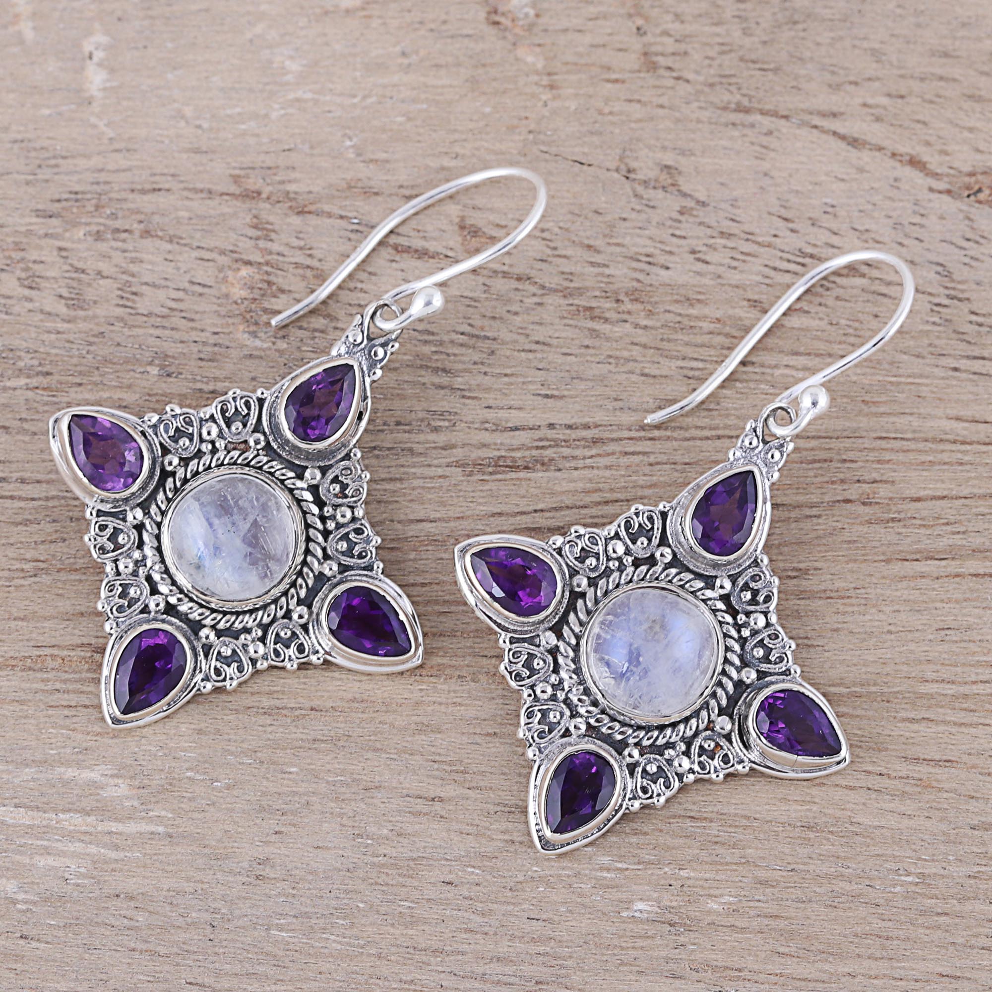 Premium Eternal Delight Rainbow Moonstone & Amethyst Sterling Silver Dangle Earrings