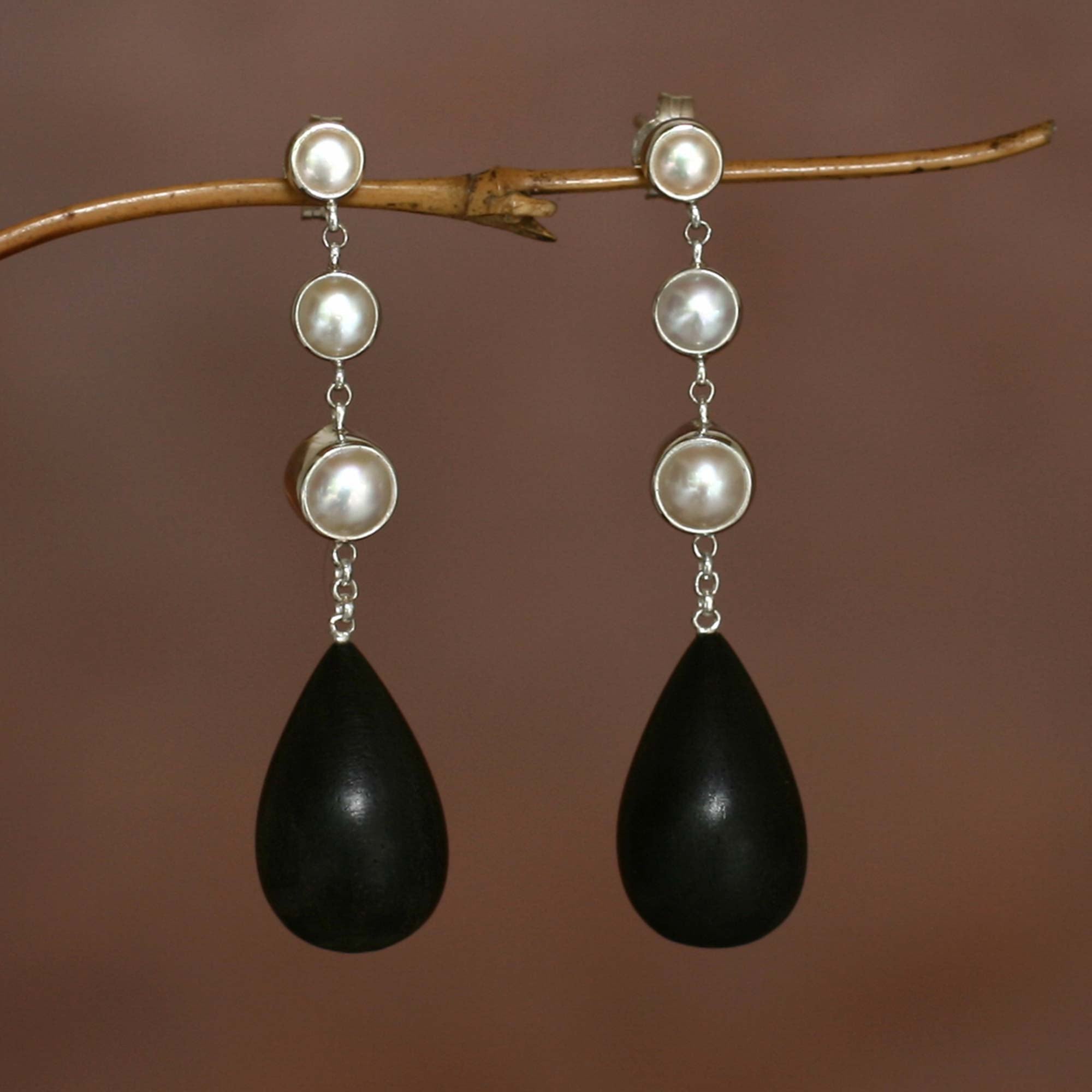 Premium Night Tear Pearl Silver & Wood Dangle Earrings - Handcrafted Elegance