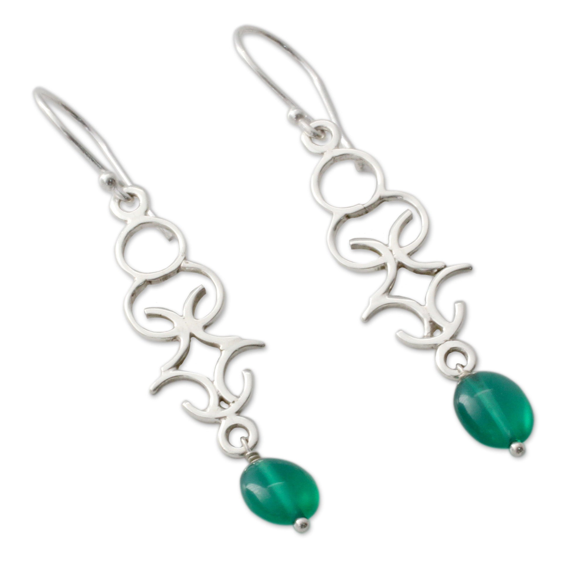 Premium Forest Trellis Dangle Earrings with Green Onyx - Polished Silver Design