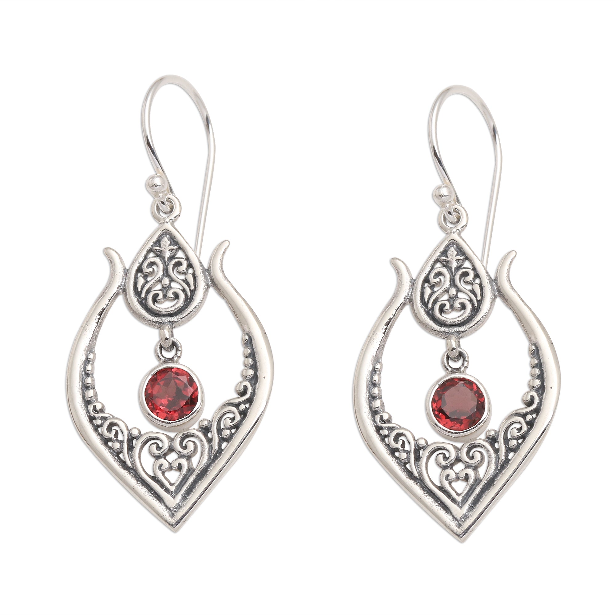 Premium Balinese Garnet Dangle Earrings in Sterling Silver