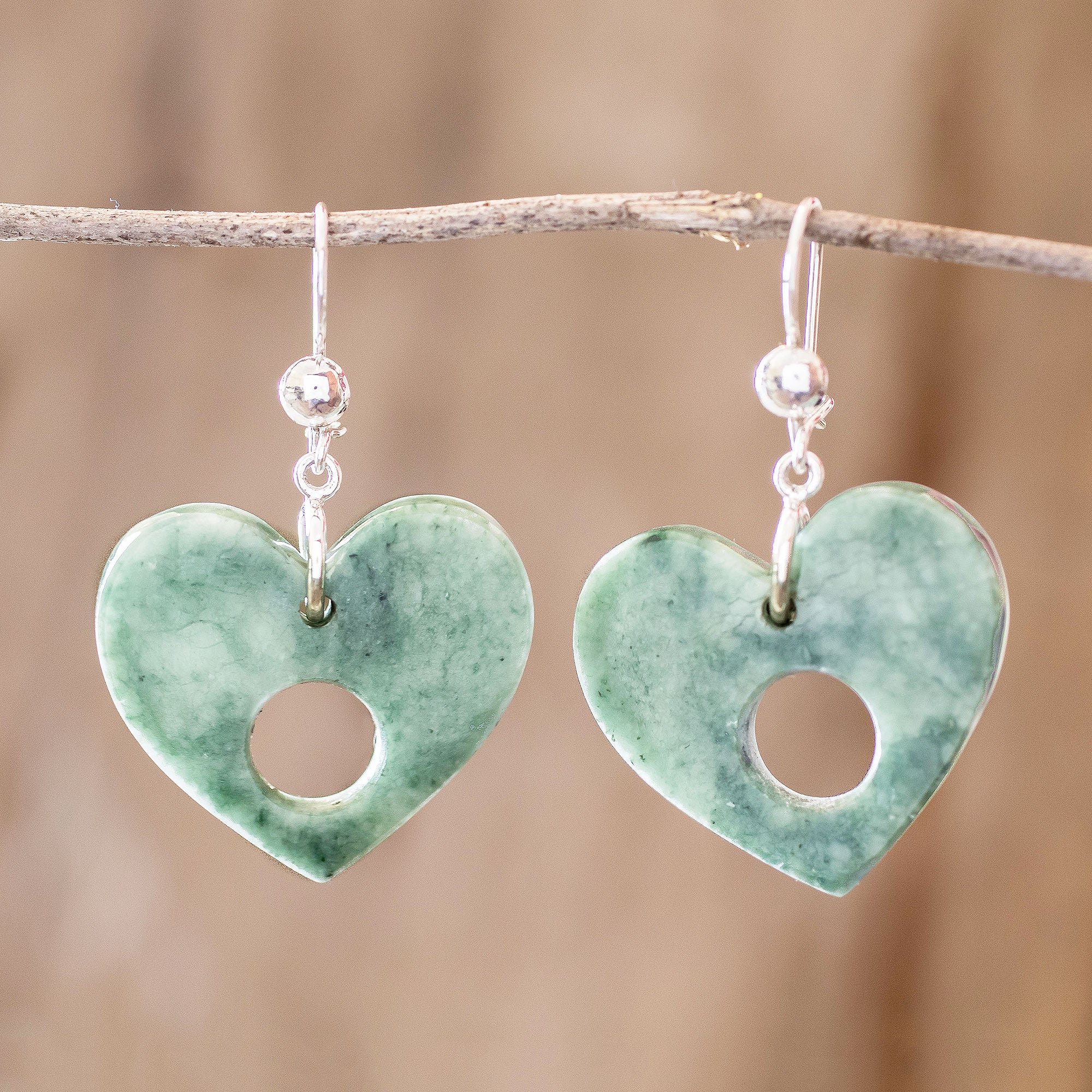 Premium Heart-Shaped Green Jade Dangle Earrings by Zandra Lorena Sajbin