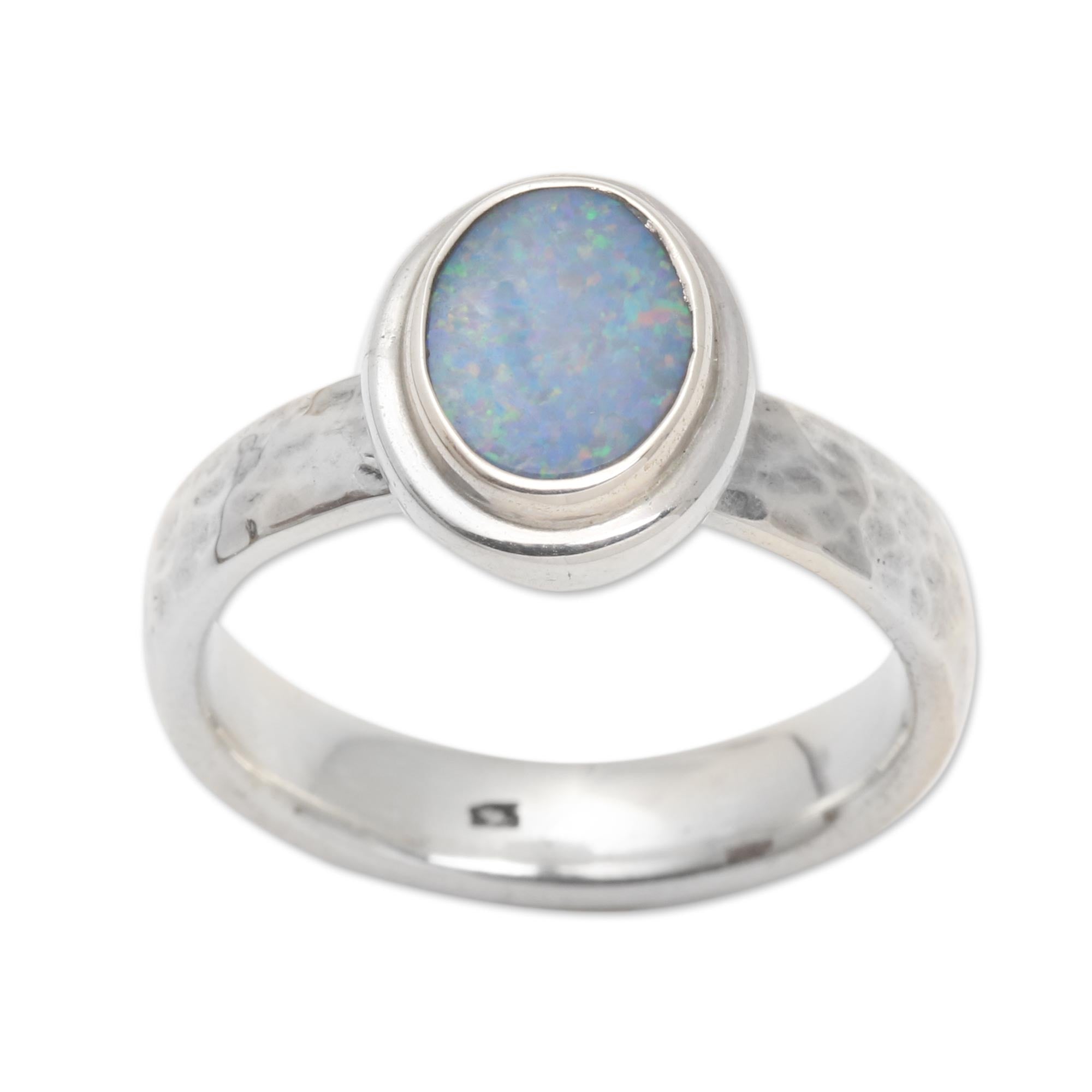 Premium Bali Blue Opal Cocktail Ring - Handcrafted Sterling Silver Jewelry