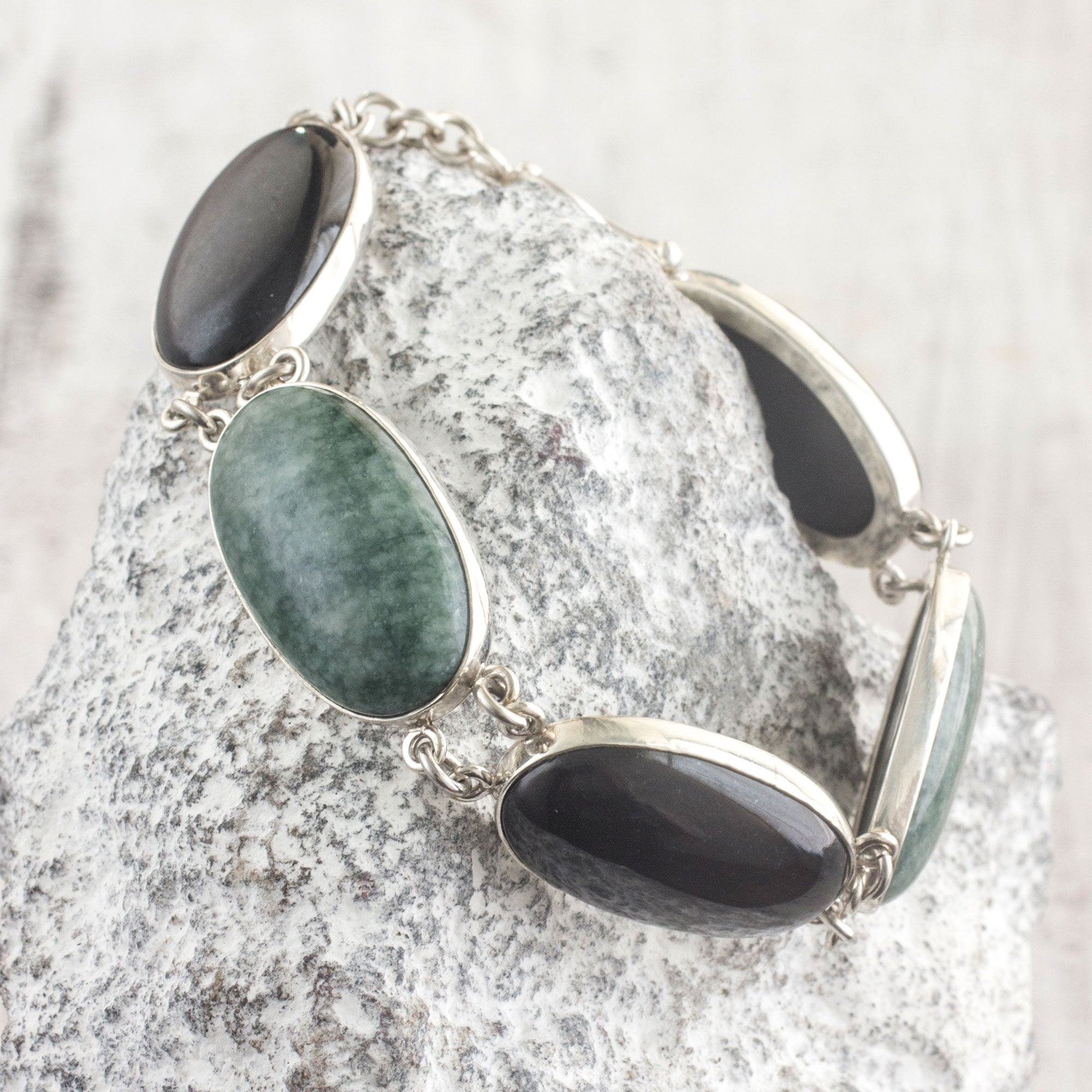 Premium Black and Green Jade Sterling Silver Bracelet