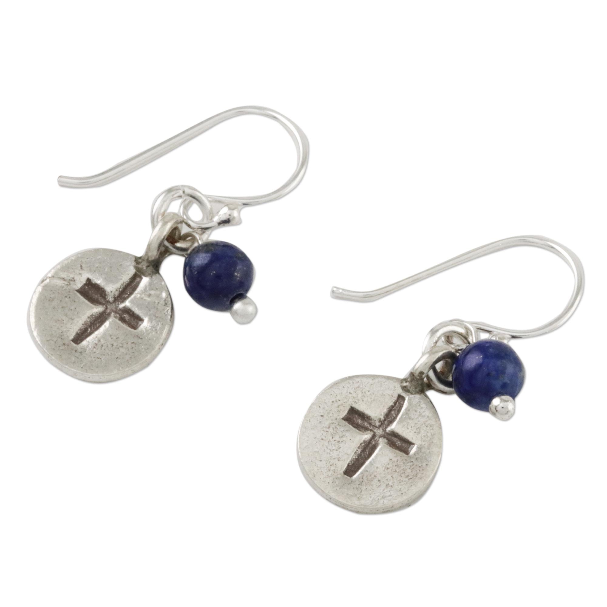 Premium Lapis Lazuli Cross Dangle Earrings - Handcrafted Silver Jewelry from Thailand