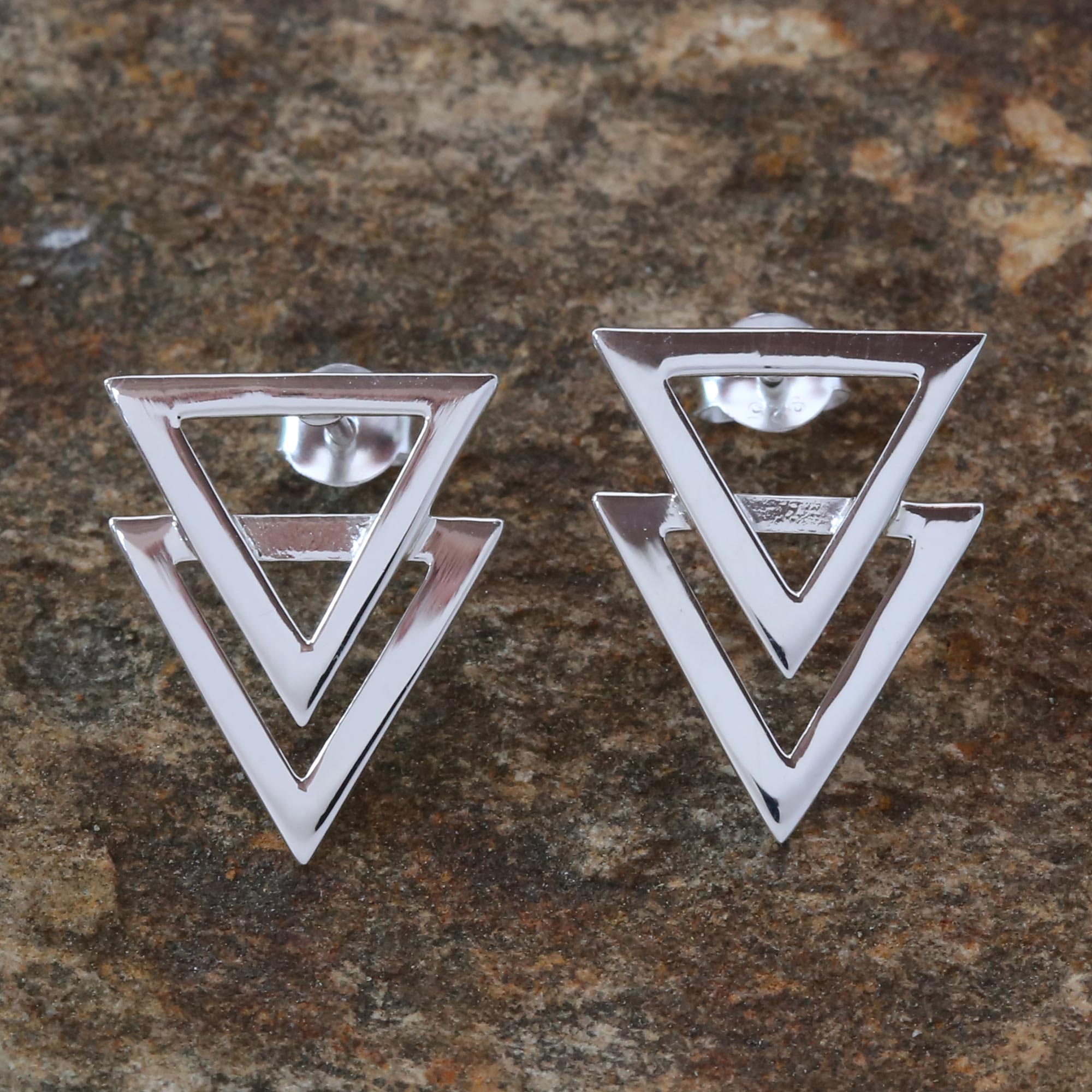 Premium Geometric Shine 925 Sterling Silver Double Triangle Earrings