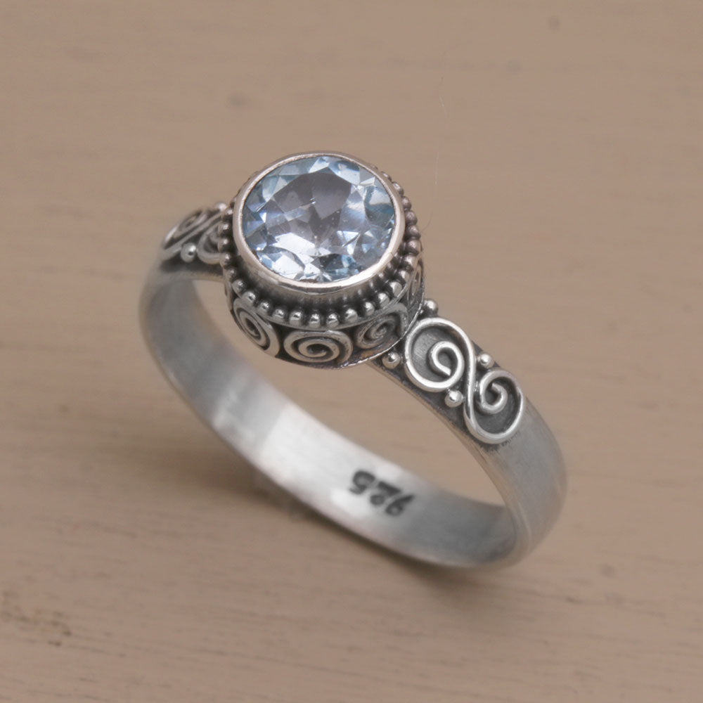 Premium Spiral Crown Blue Topaz Sterling Silver Ring - Handcrafted in Bali