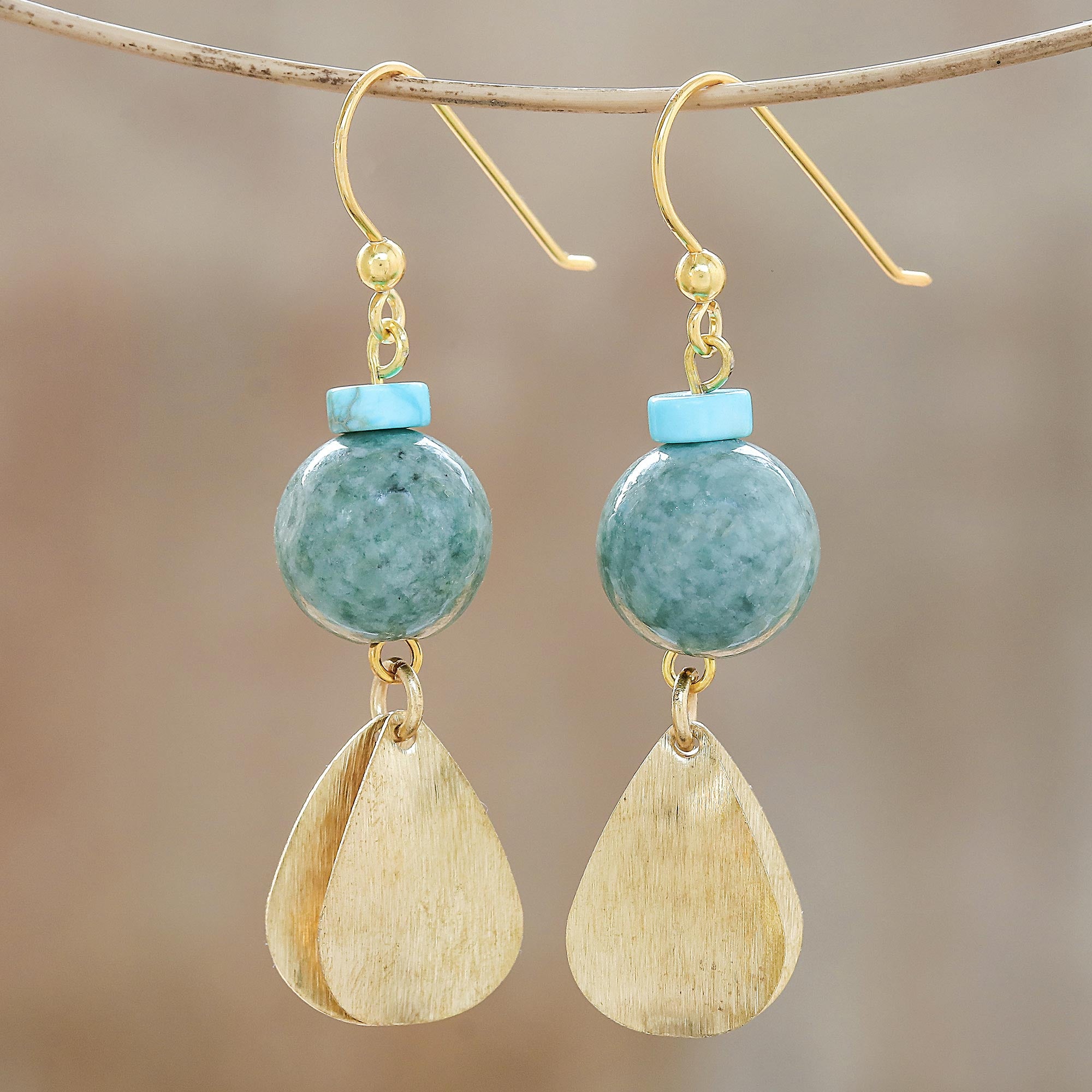 Premium Golden Ancient Jade Dangle Earrings - Handcrafted in Thailand