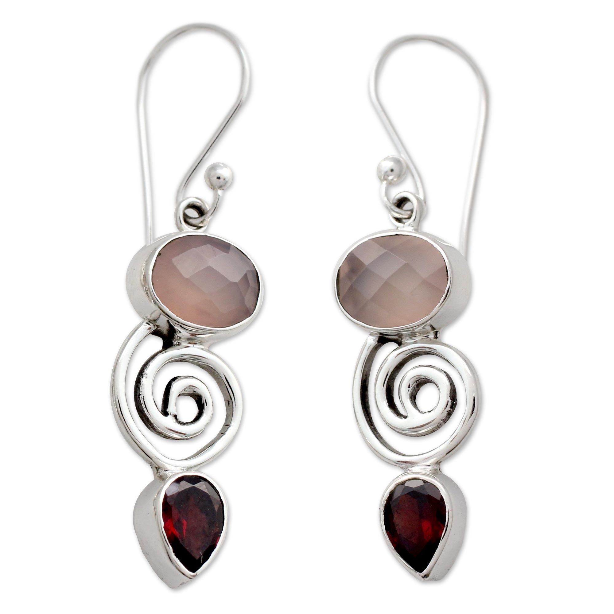 Ultimate Romantic Journey Silver Dangle Earrings with Rose Quartz & Garnet