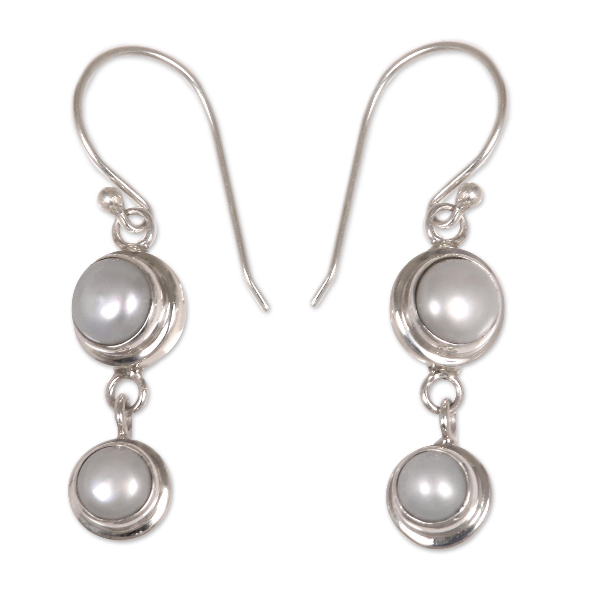 Premium Two Full Moons Pearl & Silver Drop Earrings - Handcrafted Elegance