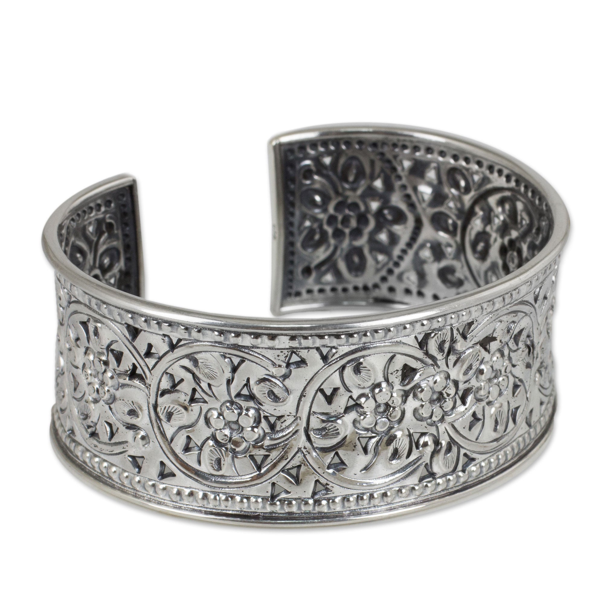 Premium Floral Motif Handmade Sterling Silver Cuff Bracelet