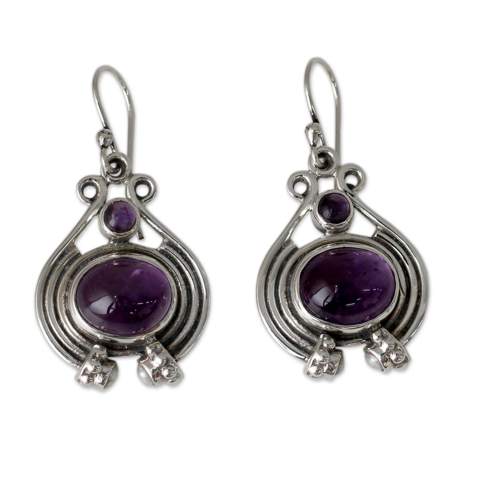 Premium Twilight Glow Amethyst & Pearl Sterling Silver Dangle Earrings