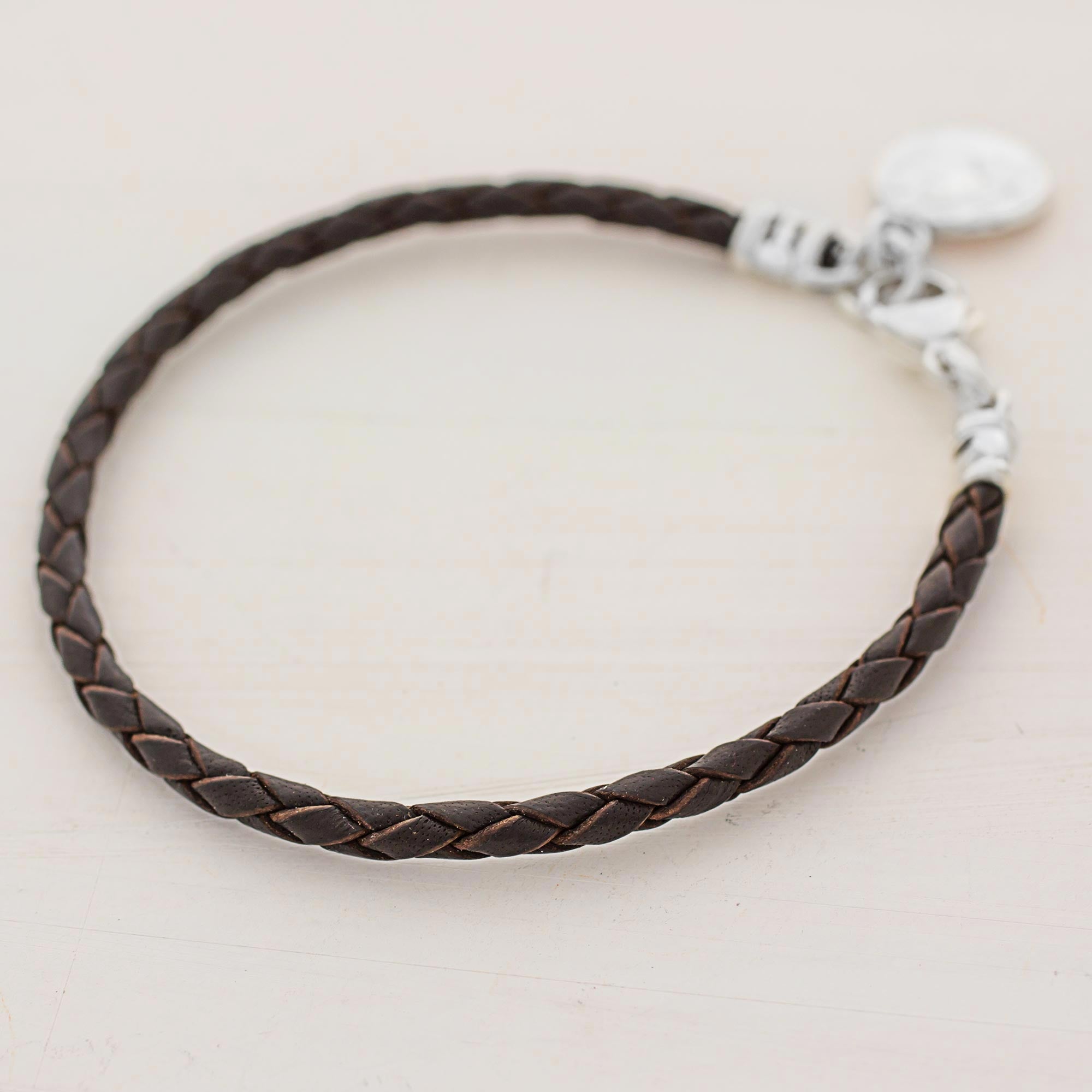 Premium Brown Leather Charm Bracelet with Fine Silver Accent - Handcrafted in Guatemala