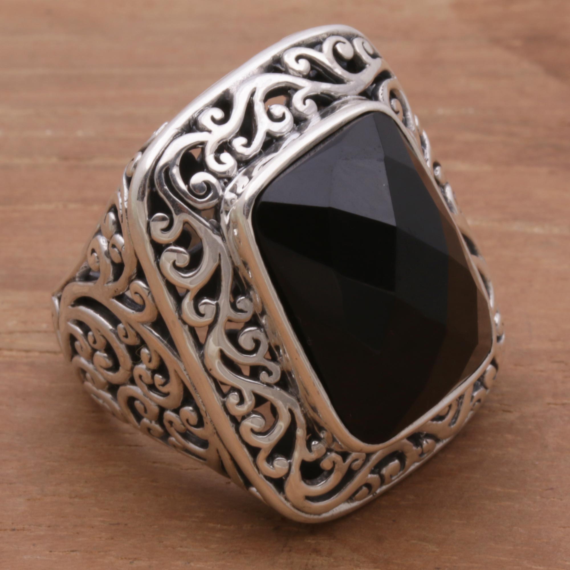 Premium Spiraling Black Onyx Silver Cocktail Ring - Handcrafted Elegance