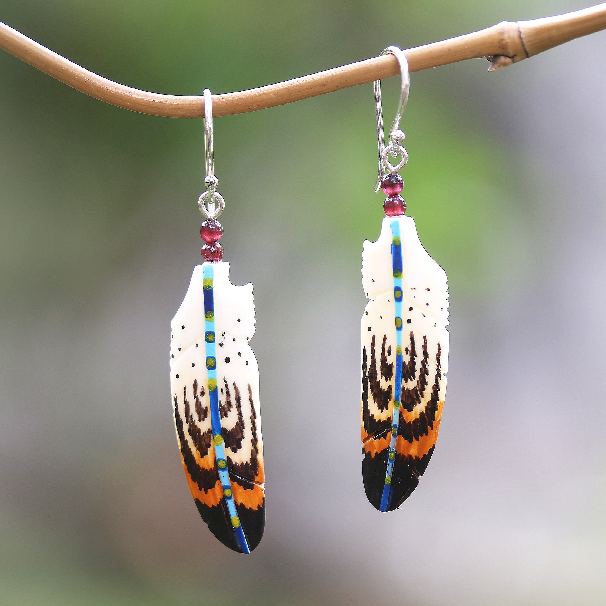 Premium Hand-Painted Antique Feather Earrings with Amethyst Accents