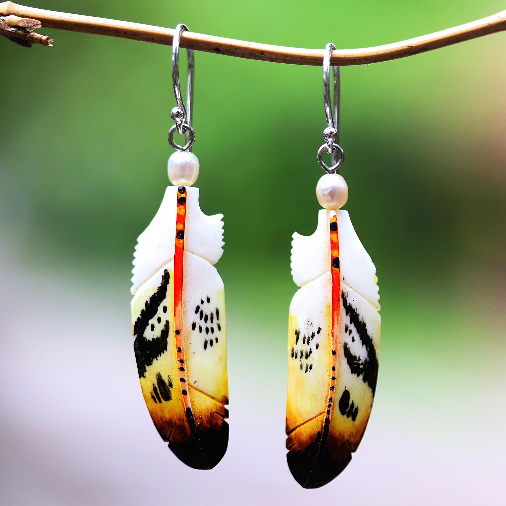 Premium Bali Handcrafted Feather Dangle Earrings with Cultured Pearls