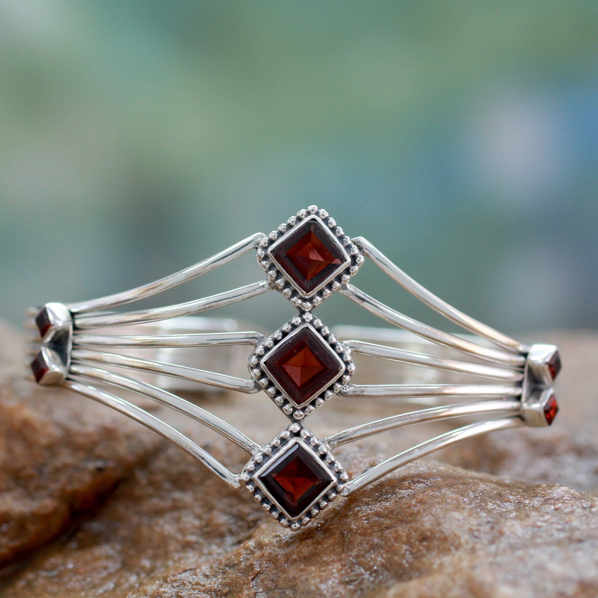 Premium Garnet & Sterling Silver Cuff Bracelet - Handmade Elegance