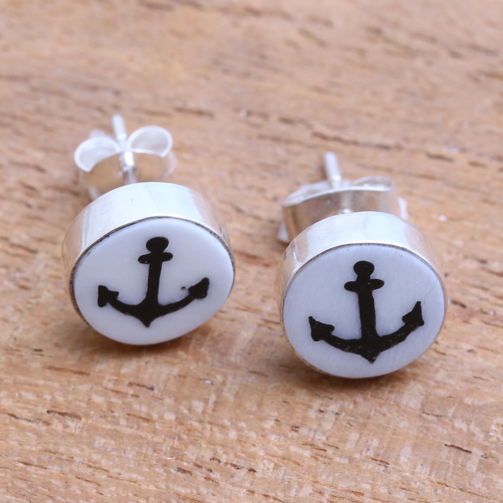 Premium Black Anchor Stud Earrings - Handcrafted Bali Silver Jewelry