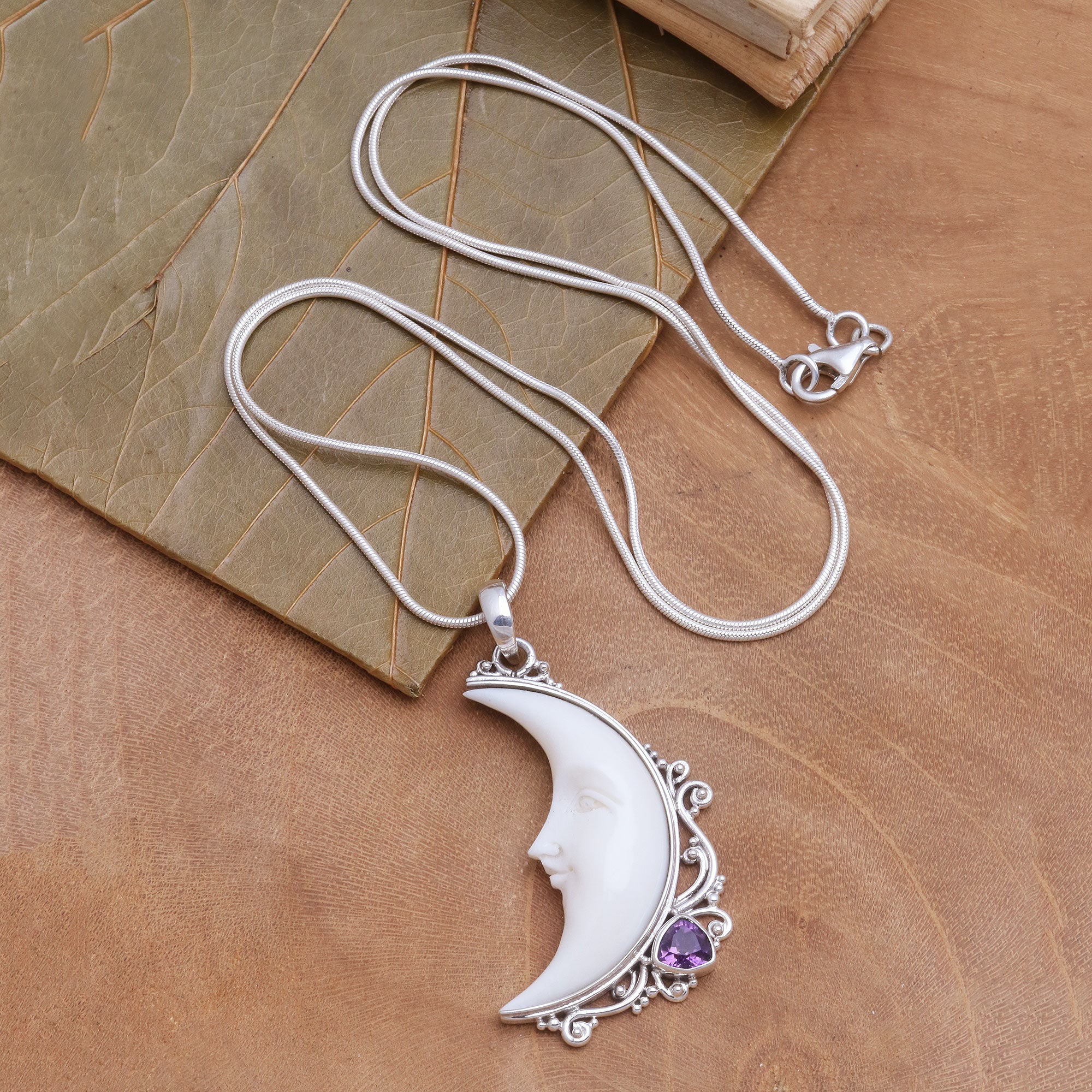 Premium Lunar Amethyst & Bone Crescent Moon Pendant Necklace - Handcrafted in Bali